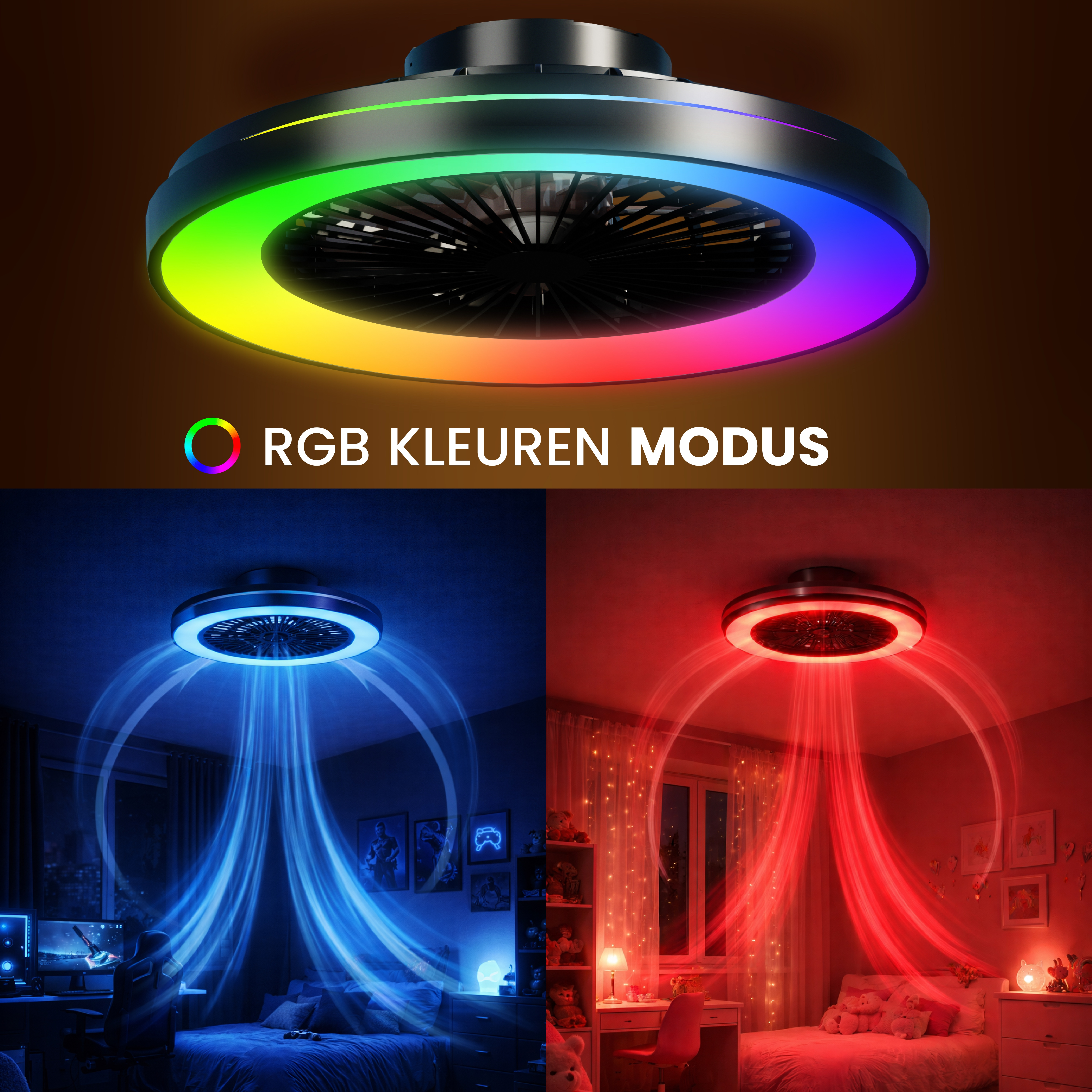Ceiling fan with RGB lighting, showing blue and red airflow.