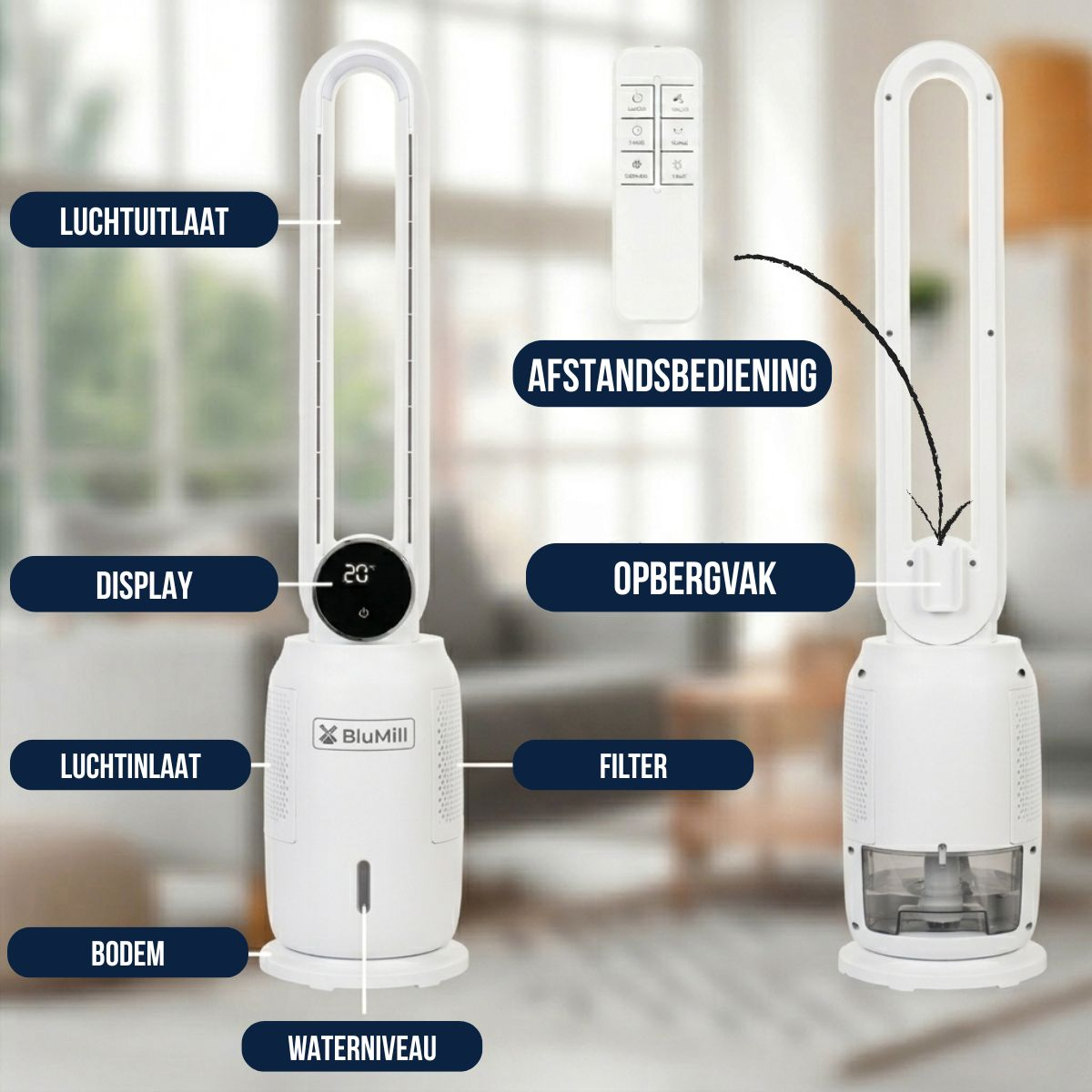 Ventilateurs tour blancs avec télécommande et réservoir d'eau.