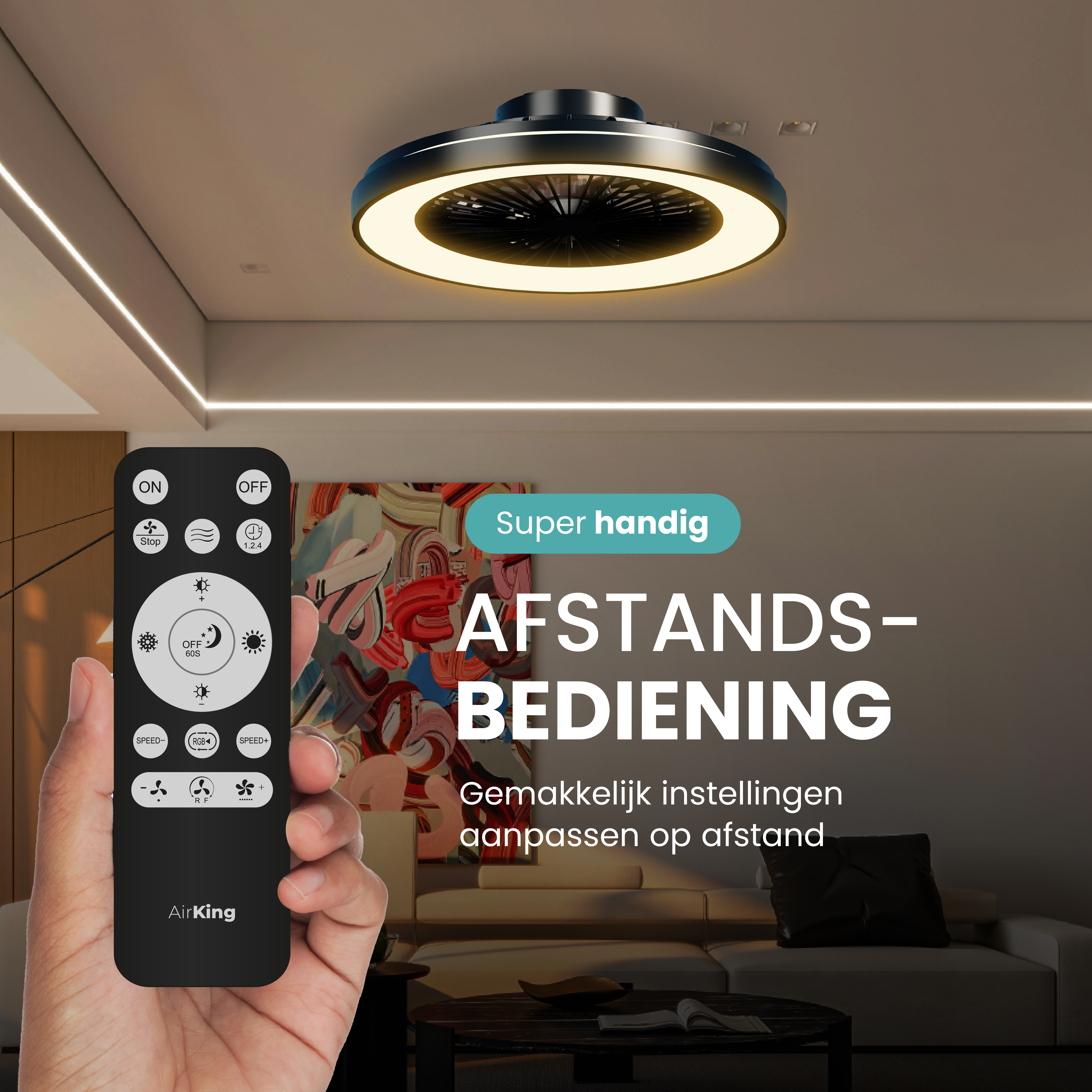 A hand holds a remote control for a ceiling light with a fan.