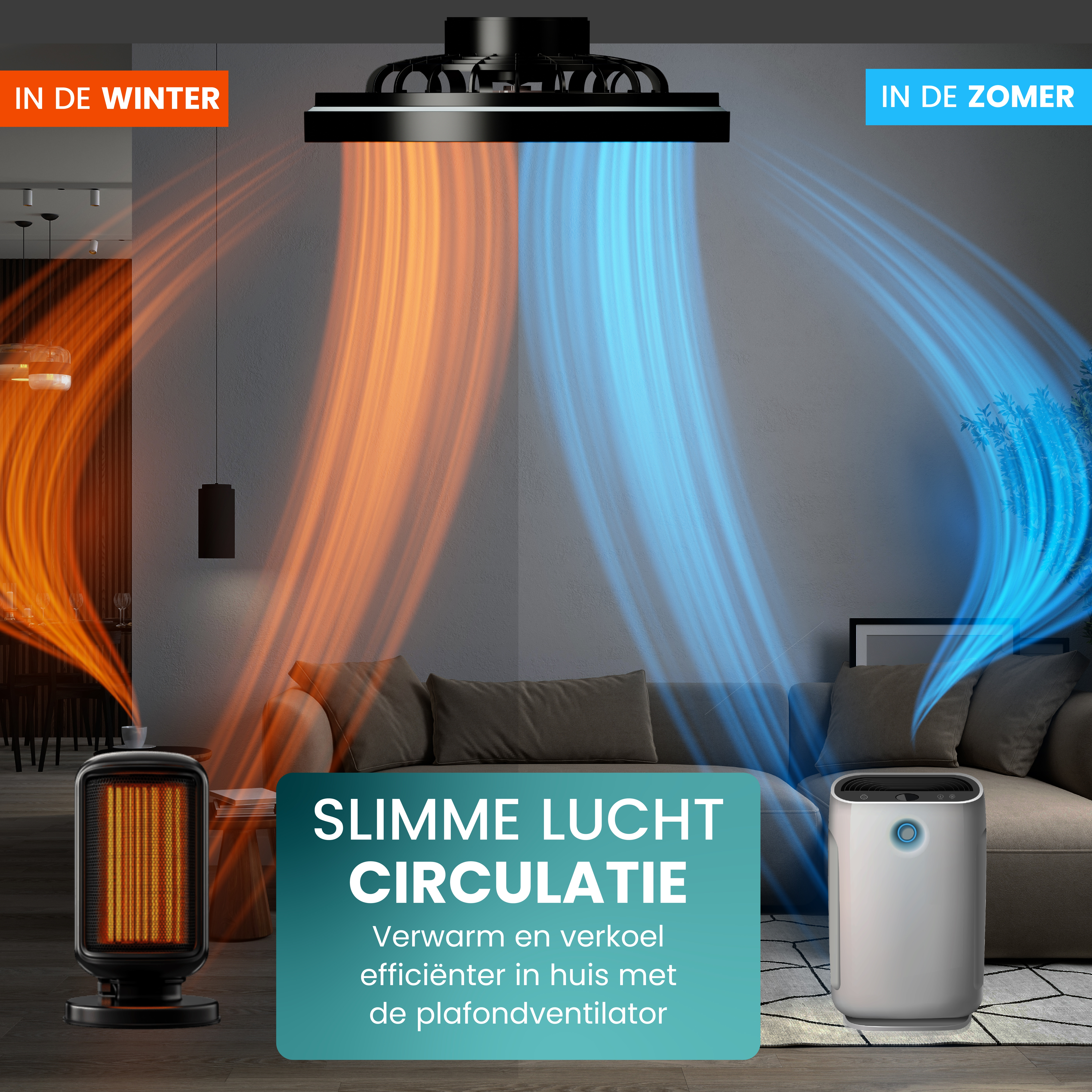 Ceiling fan with warm winter air and cool summer air. Heater left, air purifier right.