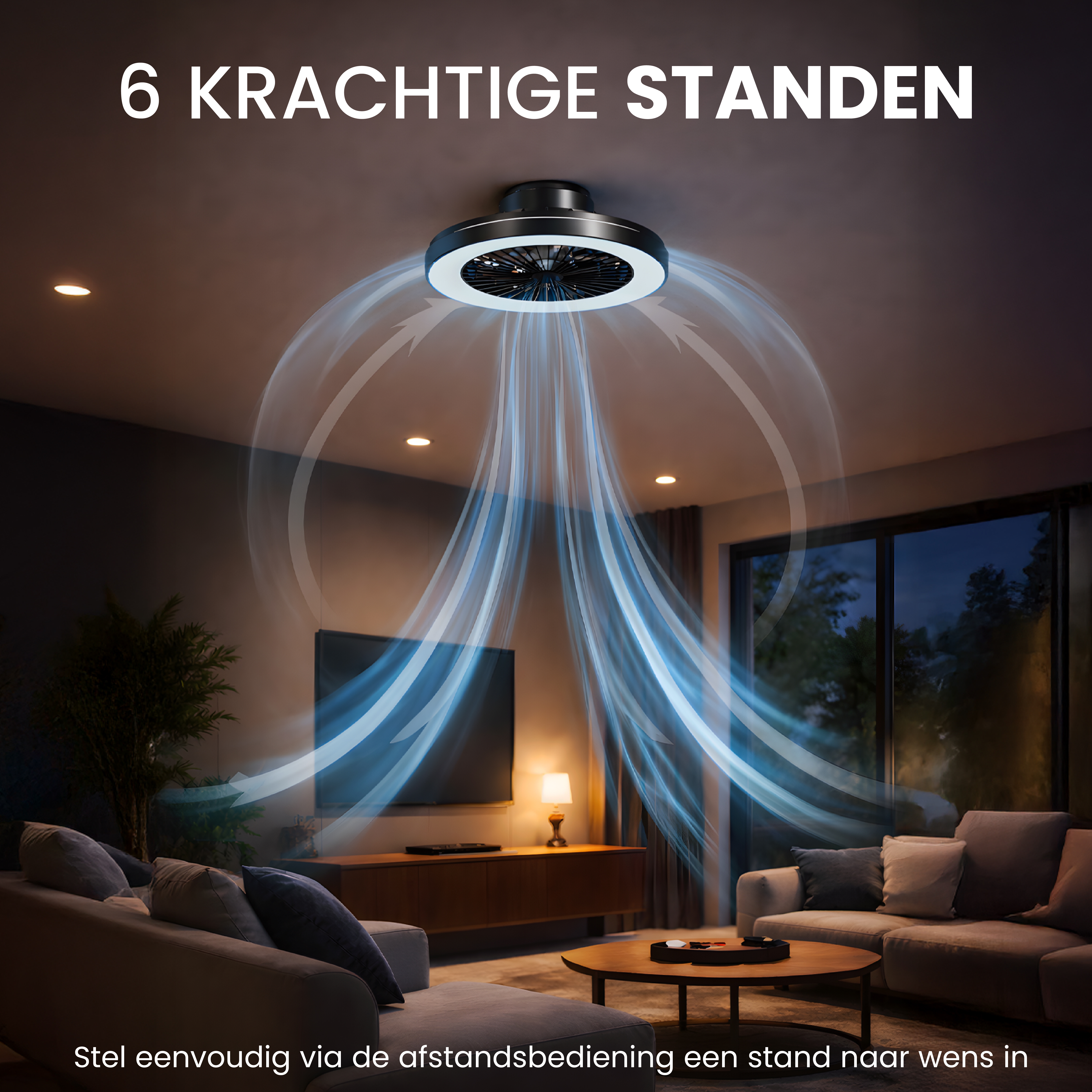 Ceiling fan with light and air flow simulation in a living room.
