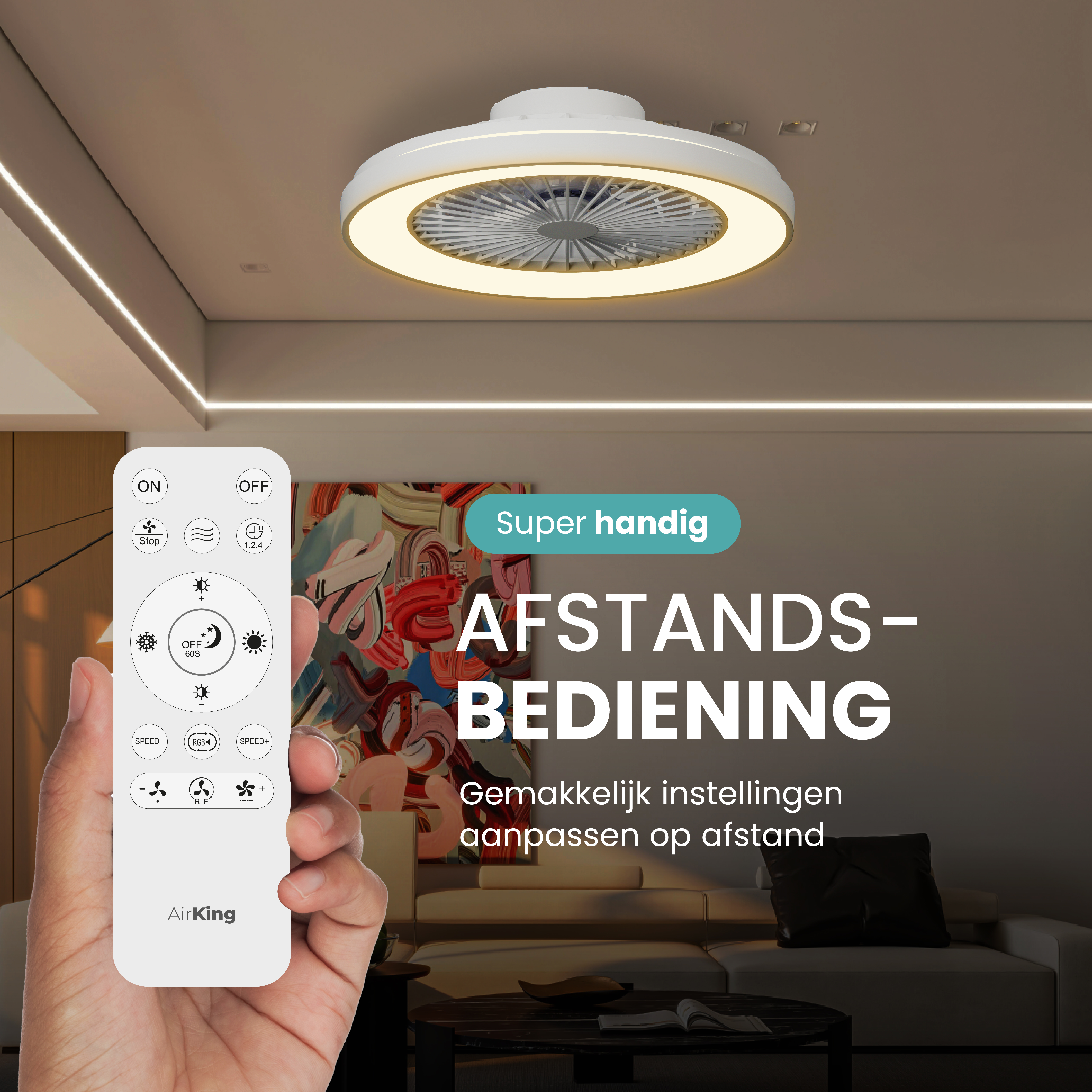 A hand holds a remote with AirKing logo and buttons. Ceiling fan with light.
