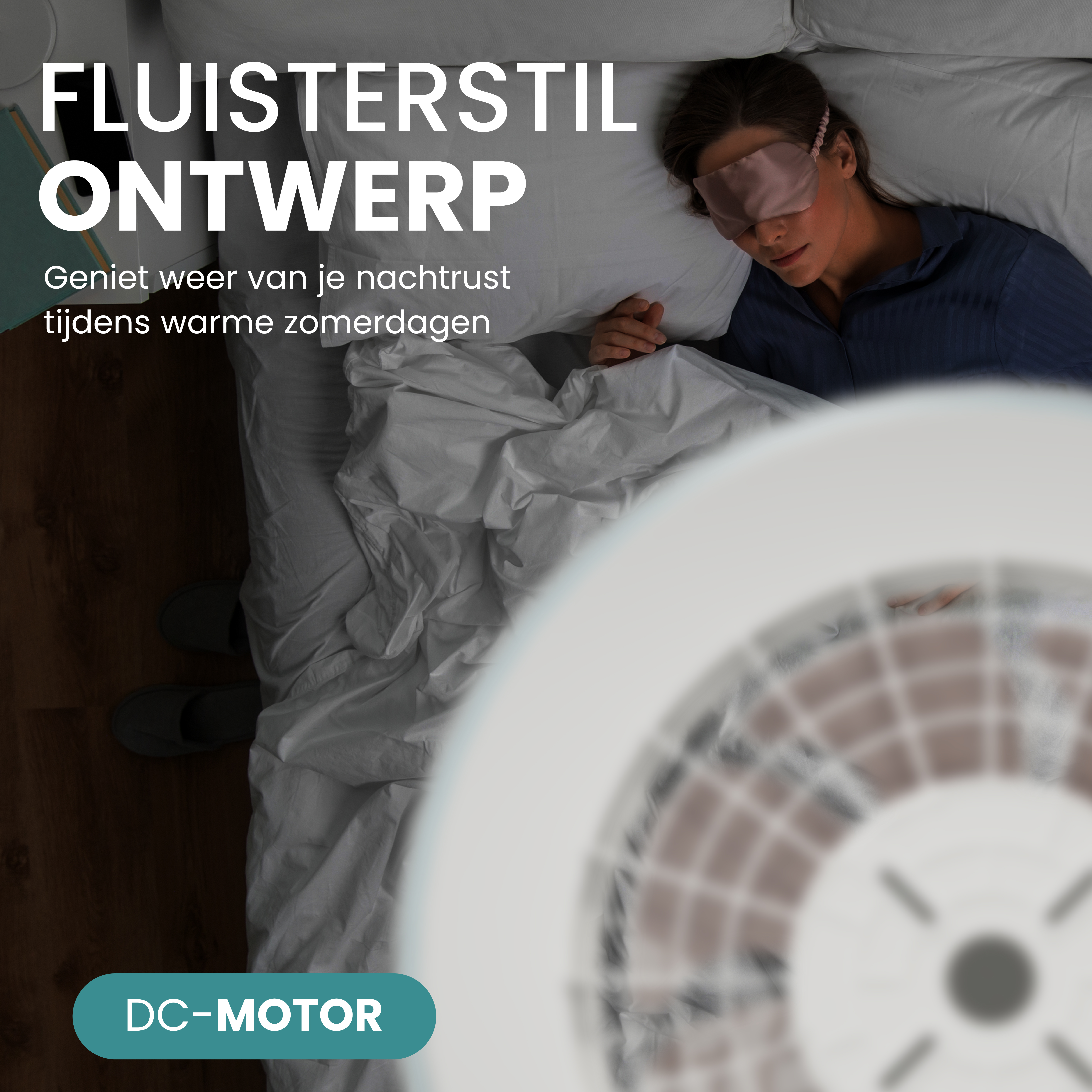Woman sleeping in bed with sleep mask, fan in foreground.