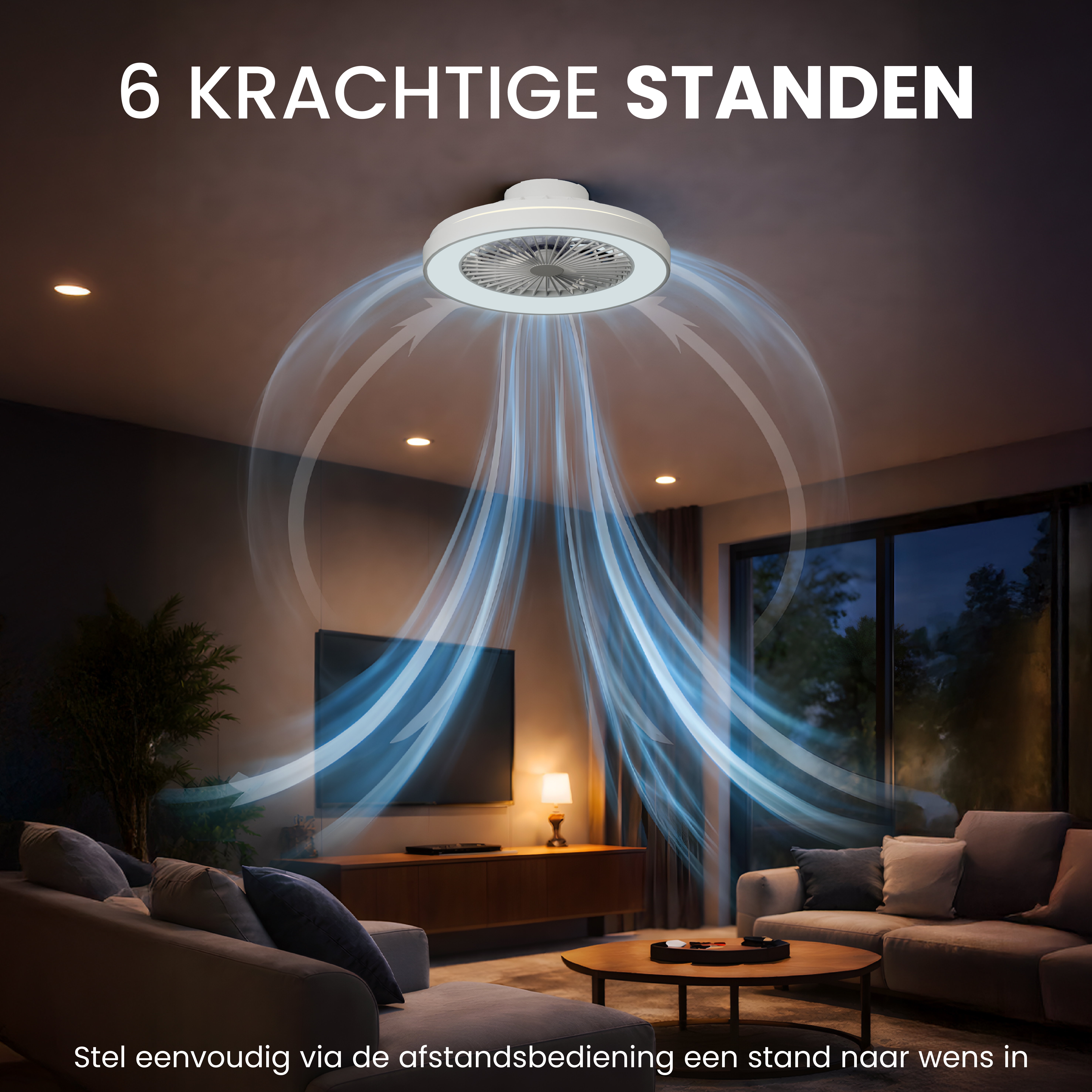 Ceiling fan with light above a living room sofa, showing airflow visualization.