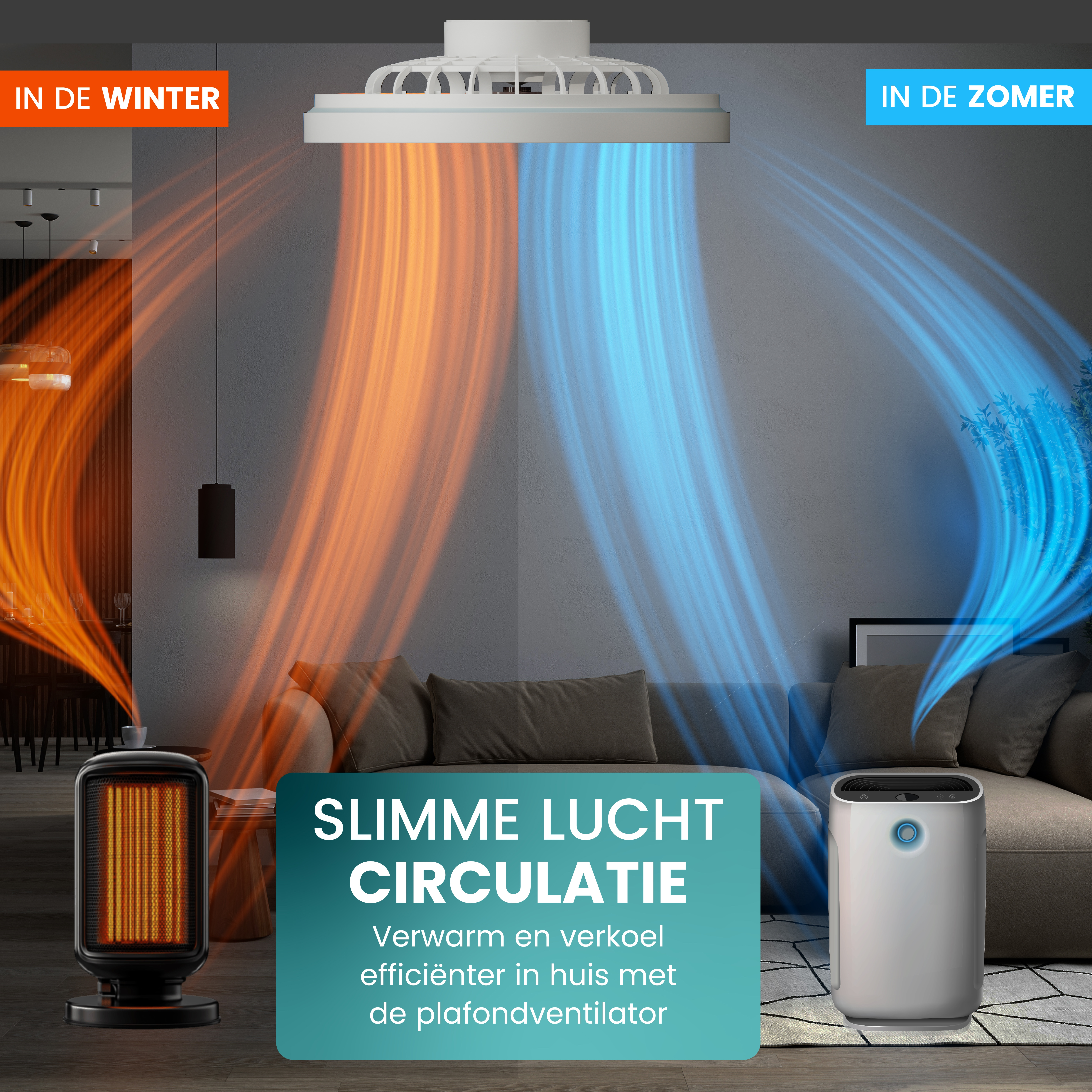 Ceiling fan for winter and summer heating and cooling.