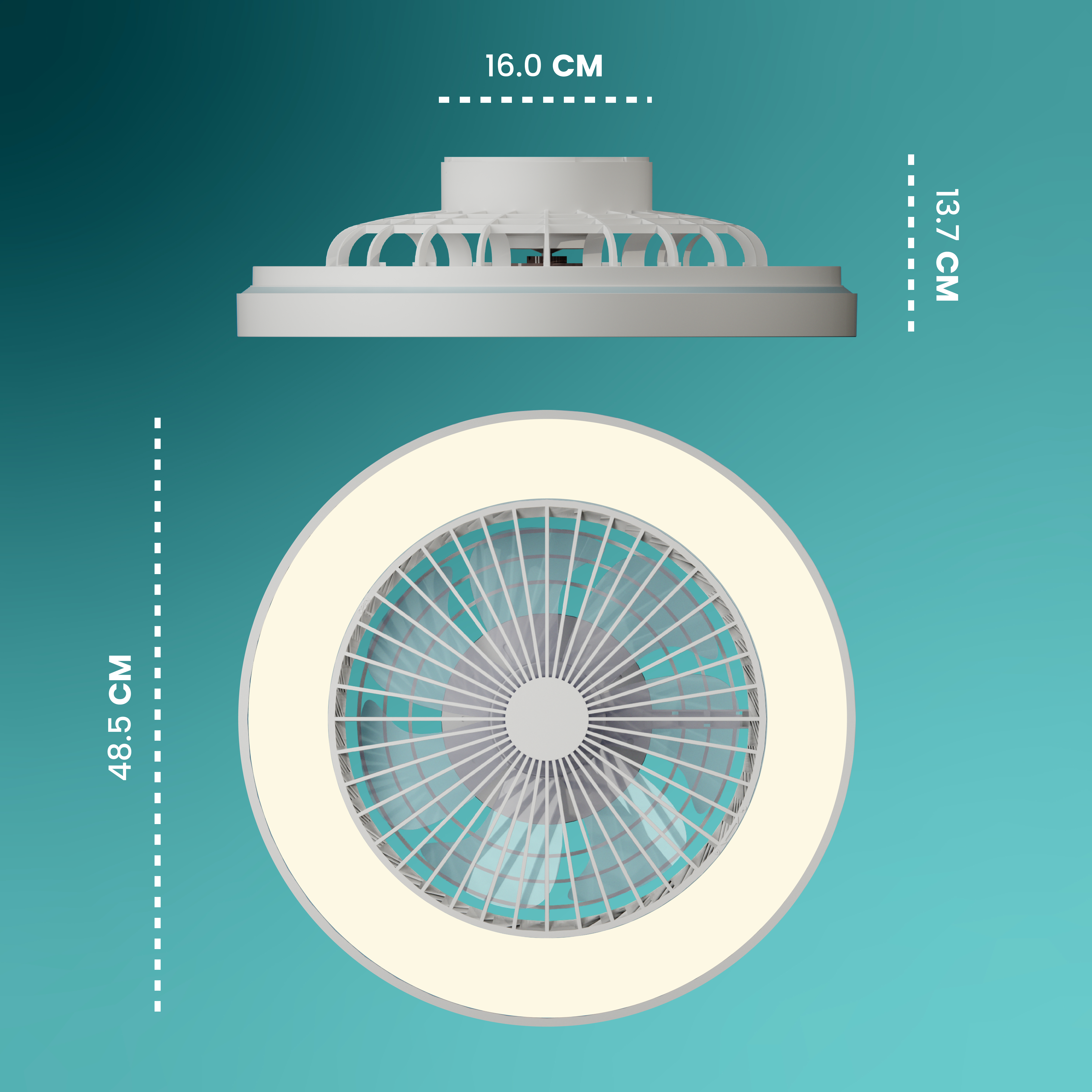 White ceiling light with fan, 48.5 cm diameter.