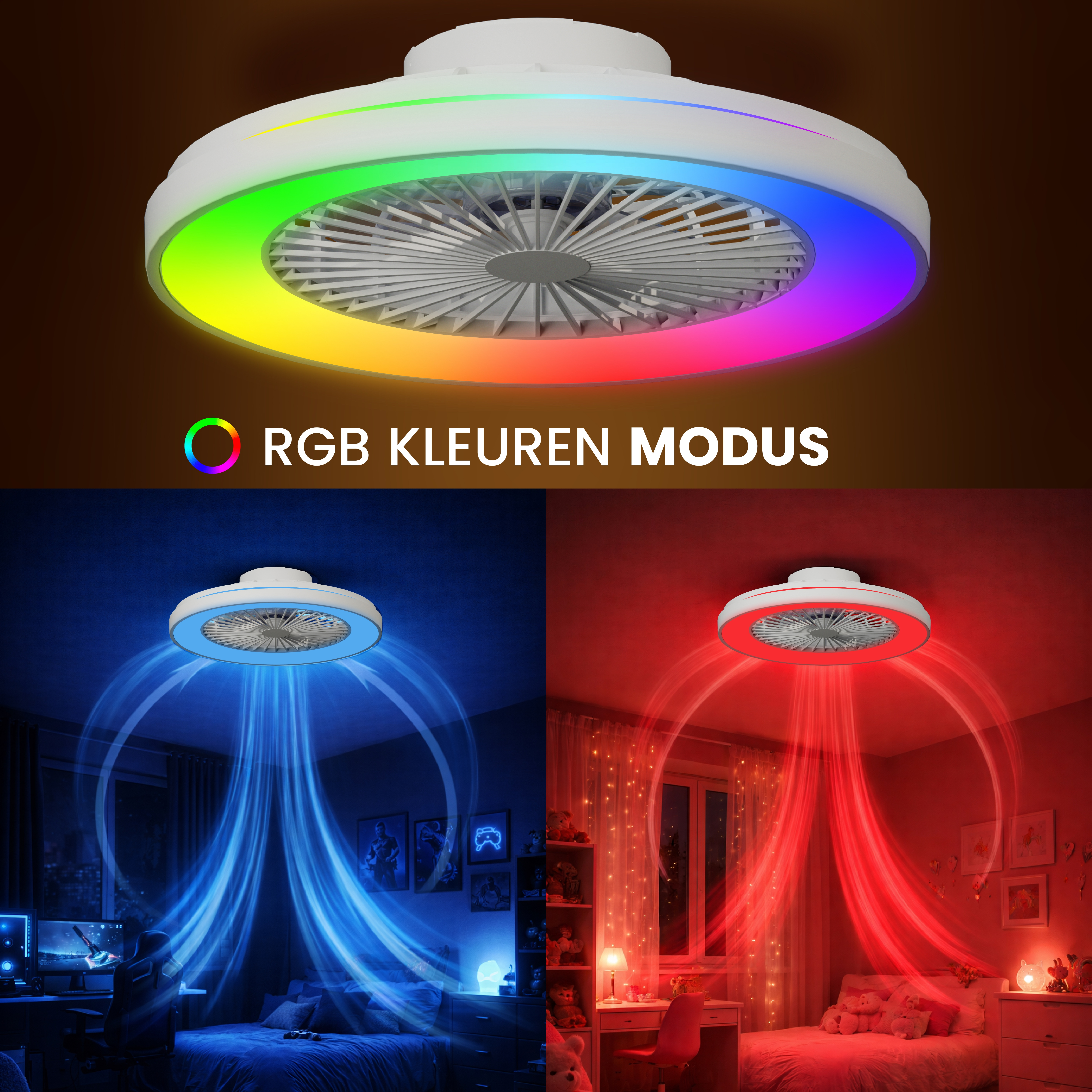 Ceiling fan with RGB lighting, showing different colors and airflows.