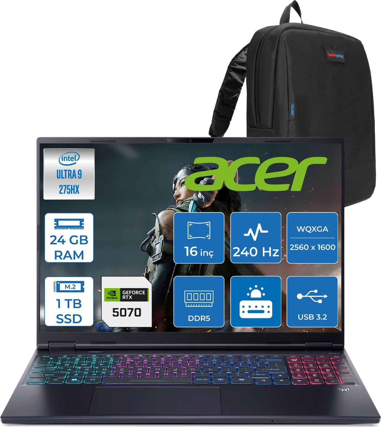 Intel Ultra 9, 24 GB RAM, 1 TB SSD, RTX 5070, 16 inç, 240 Hz siyah dizüstü bilgisayar.