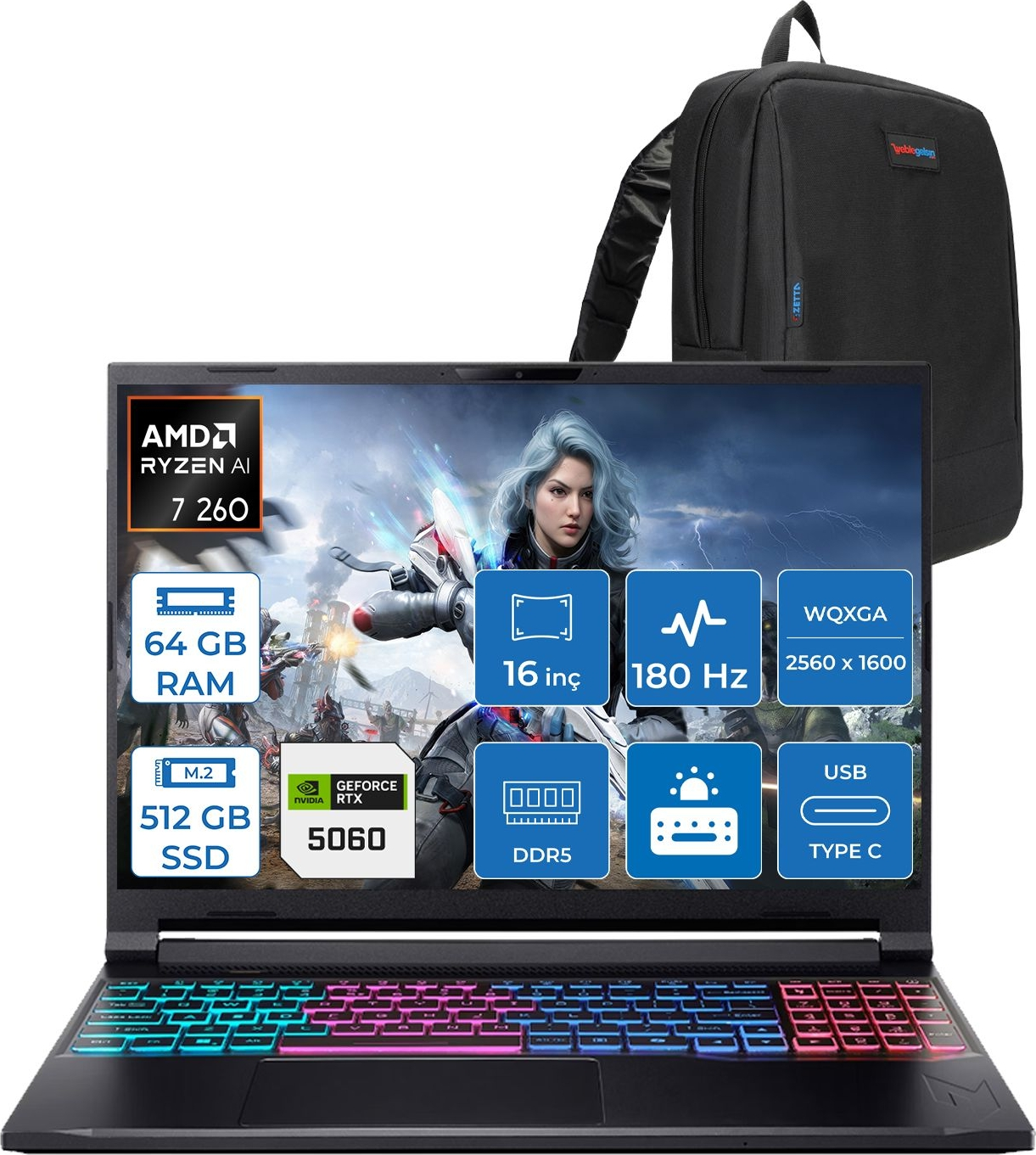 AMD Ryzen AI 7 260, 64GB RAM, 512GB SSD, RTX 5060'li oyuncu dizüstü bilgisayarı.