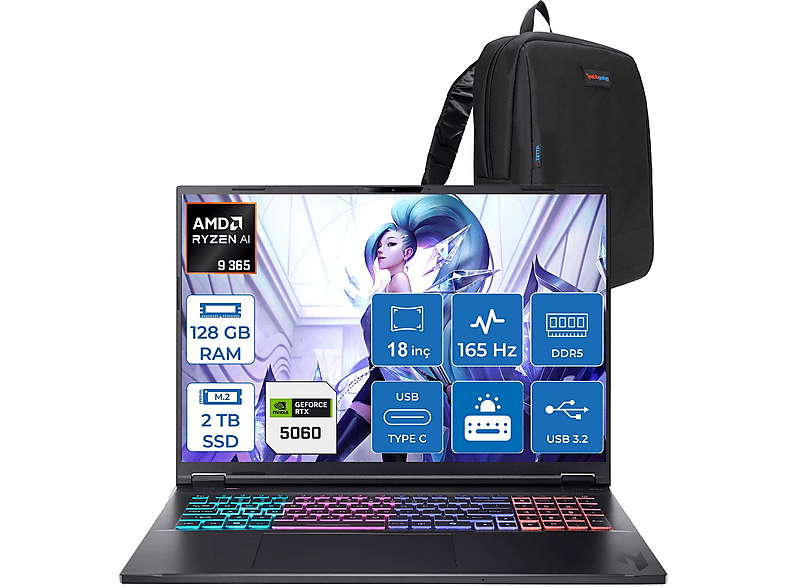 ACER Nitro 18 AN18-AMD RTX5060 165Hz NHQYHEY001F34 AMD Ryzen AI 9 365 128 GB RAM 2 TB SSD 18 inç FreeDOS Laptop+Çanta Siyah