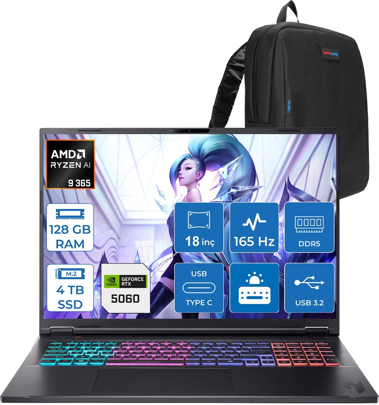 AMD Ryzen AI ve RTX 5060'lı dizüstü bilgisayar, 128 GB RAM, 4 TB SSD, 18 inç, 165 Hz.