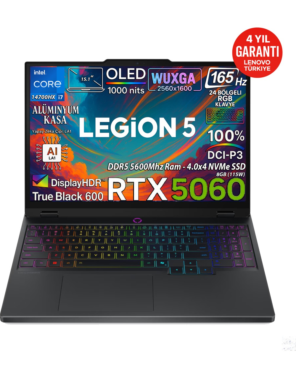 LENOVO Legion 5 15IRX10 RTX5060 8GB 115W OLED WQXGA 2560x1600 165Hz 83LY00KXTRAT11 Intel Core i7-14700HX 16 GB RAM 2 TB SSD 15,1 inç Windows 11 Home Laptop Siyah