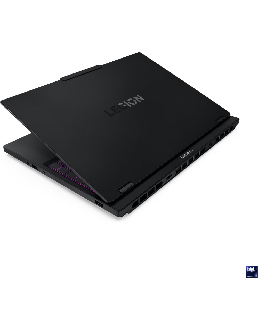 Kısmen açık, aydınlatmalı klavyeli siyah Lenovo Legion dizüstü bilgisayar.