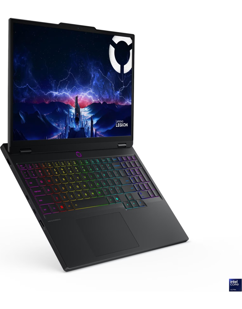 Renkli klavyeli ve fırtına duvar kağıtlı siyah Lenovo Legion dizüstü bilgisayar.