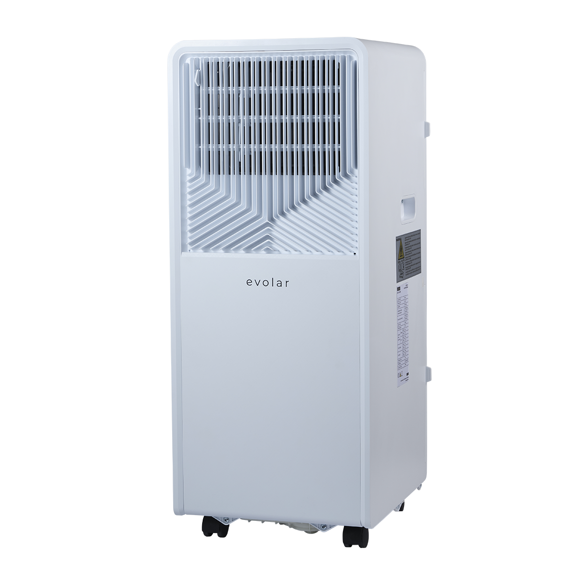 Una torre bianca di condizionatore portatile con griglia di ventilazione in alto e ruote.