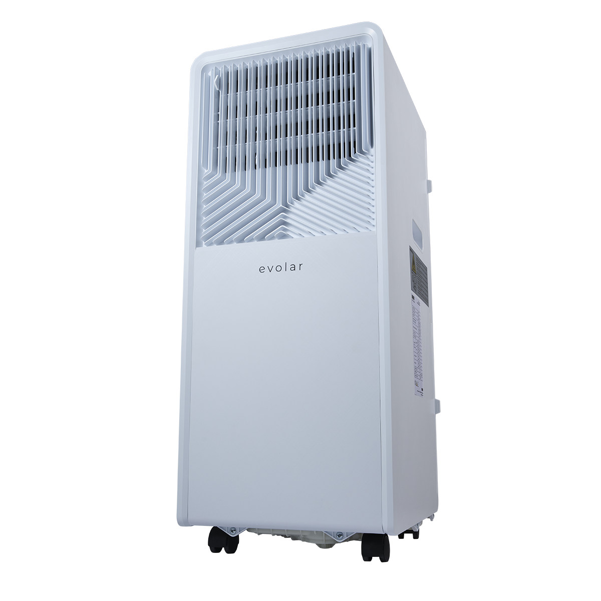 Un condizionatore portatile bianco con ruote e griglia di ventilazione.