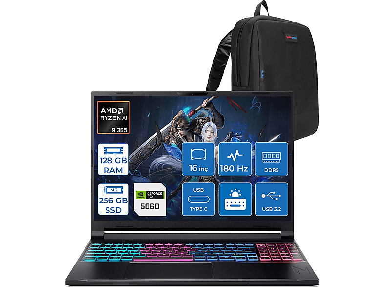 ACER Nitro V 16S AN16S RTX5060 180Hz NHQXUEY001F31 AMD Ryzen AI 9 365 128 GB RAM 256 GB SSD 16 inç FreeDOS Laptop+Çanta Siyah