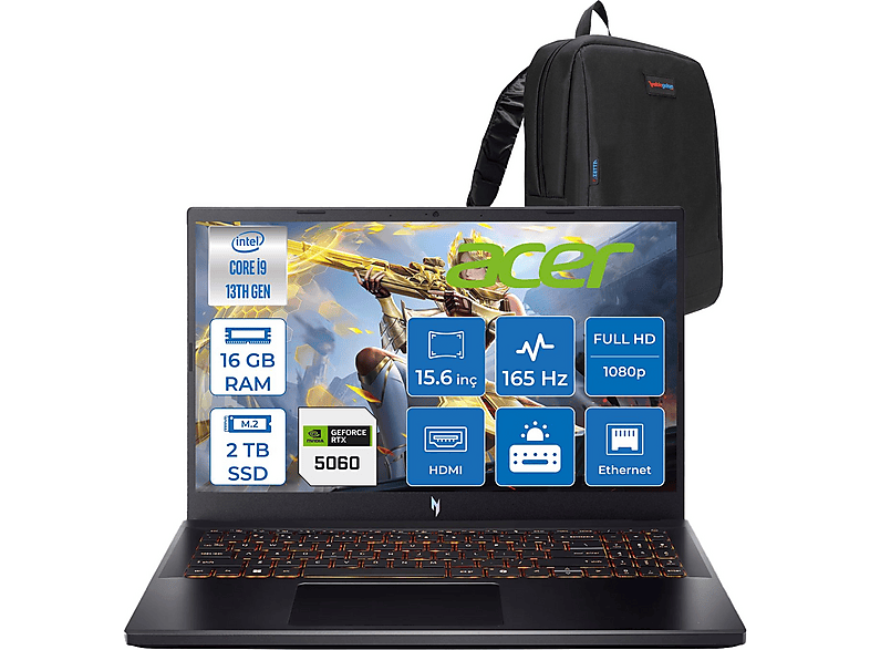 ACER Nitro V15 ANV15-52-91EQ RTX5060 8GB NHQZAEYF09 Intel Core i9-13900H 16 GB RAM 2 TB SSD 15,6 inç FreeDOS Laptop+Çanta Siyah