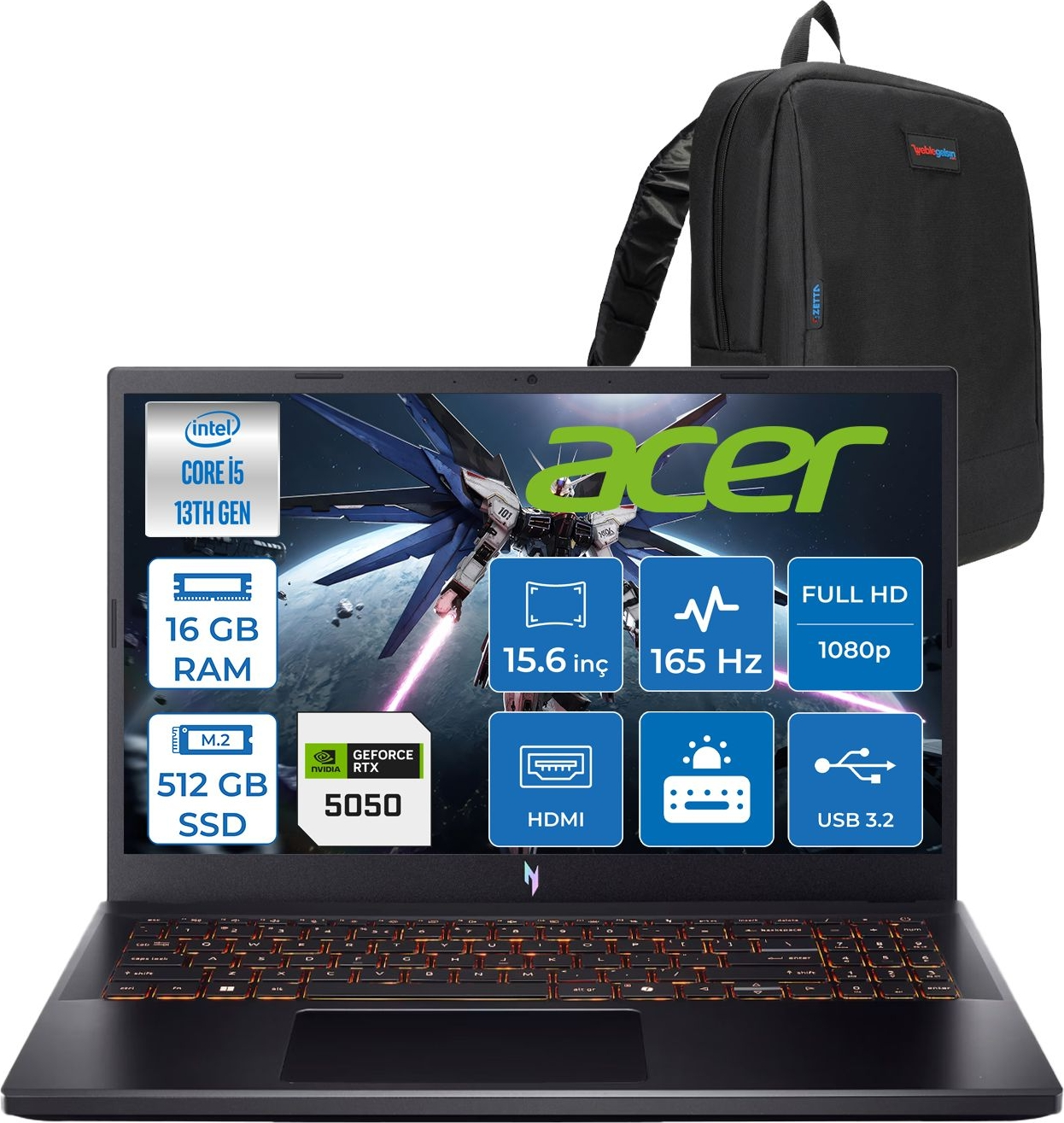 Intel Core i5, 16GB RAM, 512GB SSD, RTX 5050 ve siyah sırt çantalı Acer dizüstü bilgisayar.