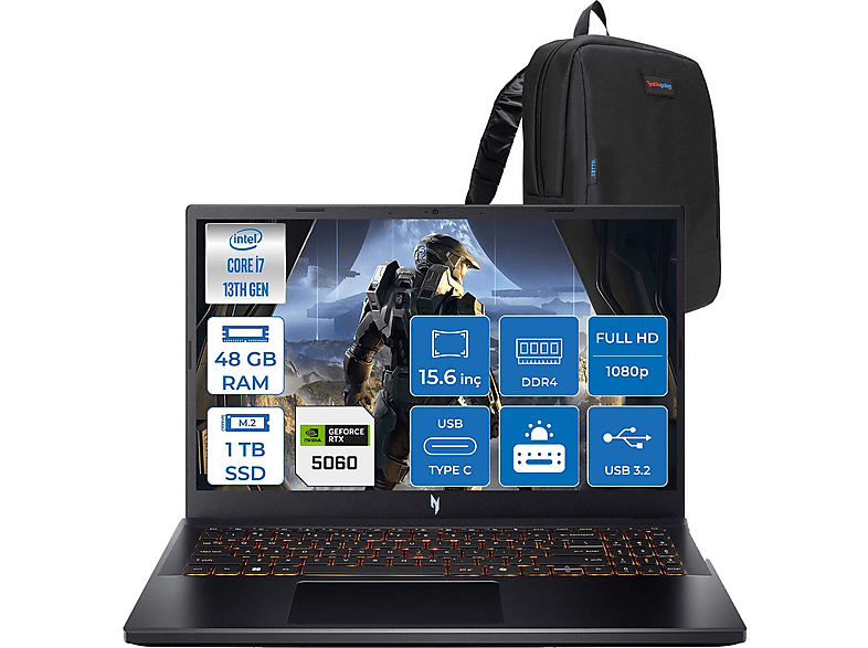 ACER Nitro V15 ANV15 8GB RTX5060 NHQZAEY001F18 Intel Core i7-13620H 48 GB RAM 1 TB SSD 15,6 inç FreeDOS Laptop+Çanta Siyah