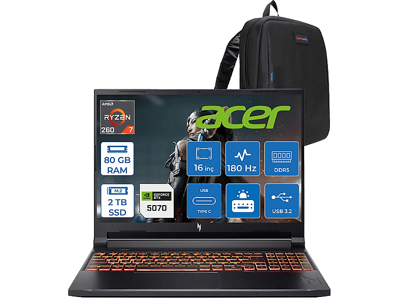 ACER Nitro V 16S RTX5070 95W 180Hz NHQYYEY001F24 AMD Ryzen 7 260 80 GB RAM 2 TB SSD 16 inç FreeDOS Laptop+Çanta Siyah