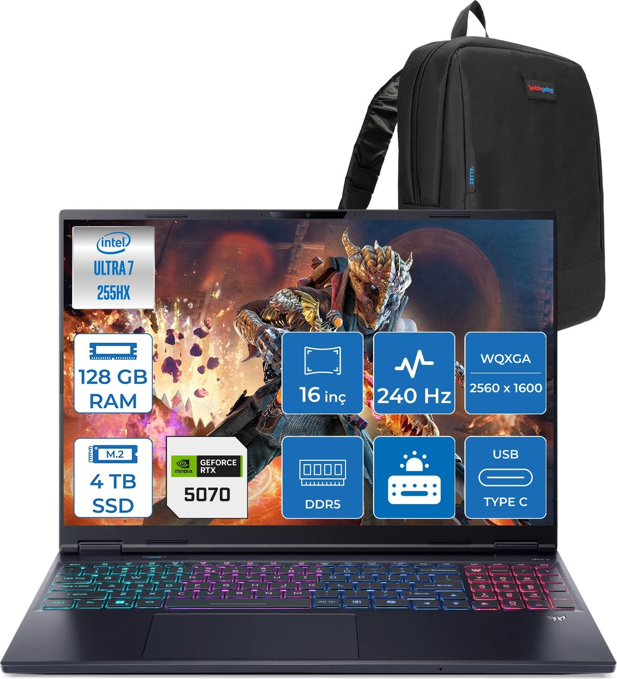 Intel Ultra 7, 128 GB RAM, 4 TB SSD, RTX 5070 işlemcili dizüstü bilgisayar ve sırt çantası.