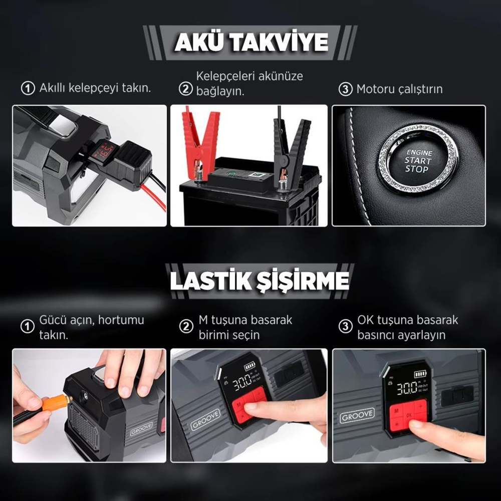 Akü bağlama ve lastik şişirme talimatları.