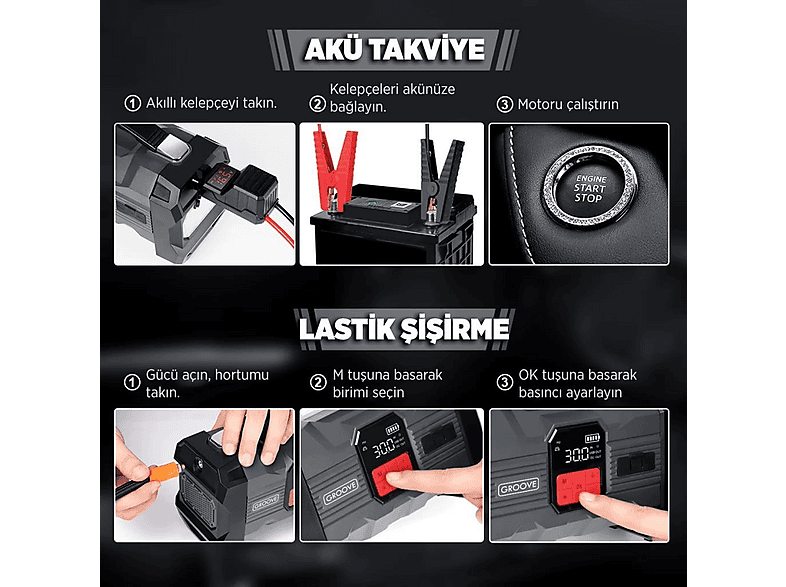 GROOVE M01 15800 mAh 2000A Taşınabilir Jump Starter Powerbank+Led