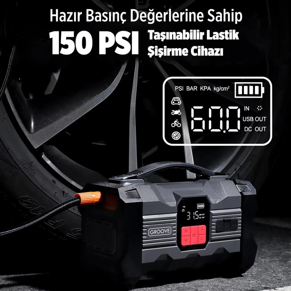 Siyah, taşınabilir lastik şişirme cihazı, dijital ekranlı (60.0 PSI), araba lastiği yanında.