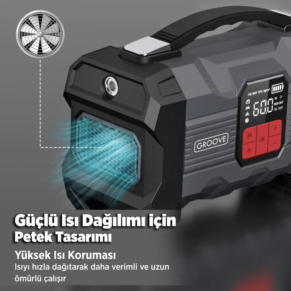 Ekranlı bir kompresör önünde mavi hava akışlı siyah fan.