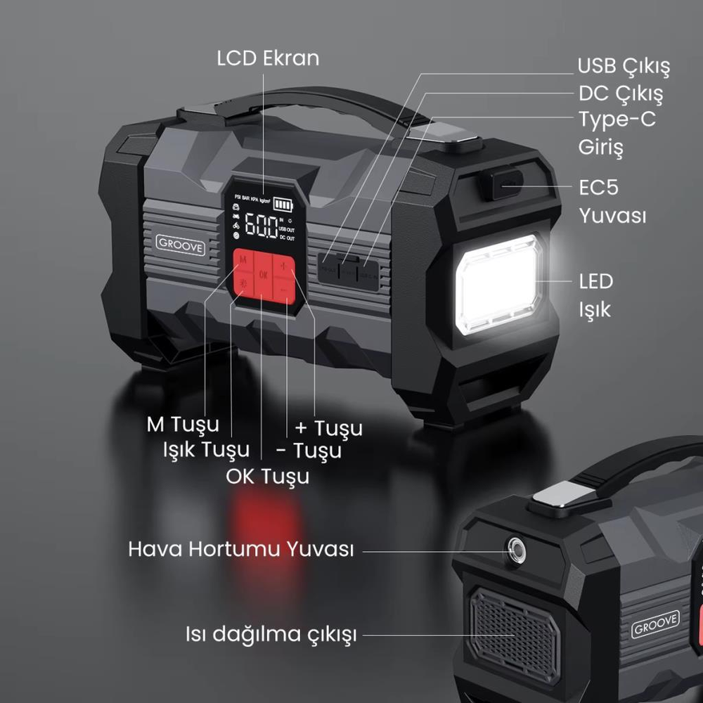 LCD ekranlı, LED ışıklı, USB portlu, kulplu taşınabilir cihaz.
