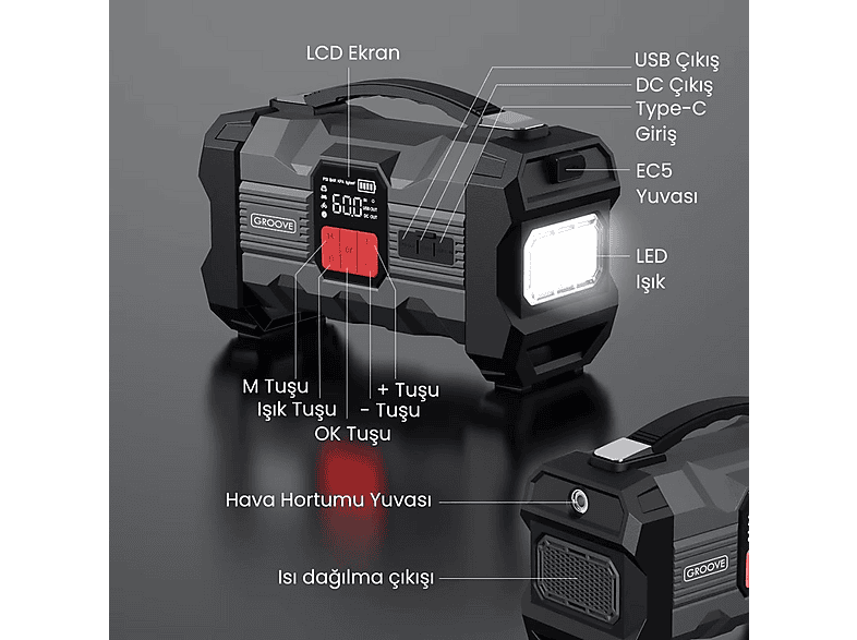 GROOVE M01 15800 mAh 2000A Taşınabilir Jump Starter Powerbank+Led