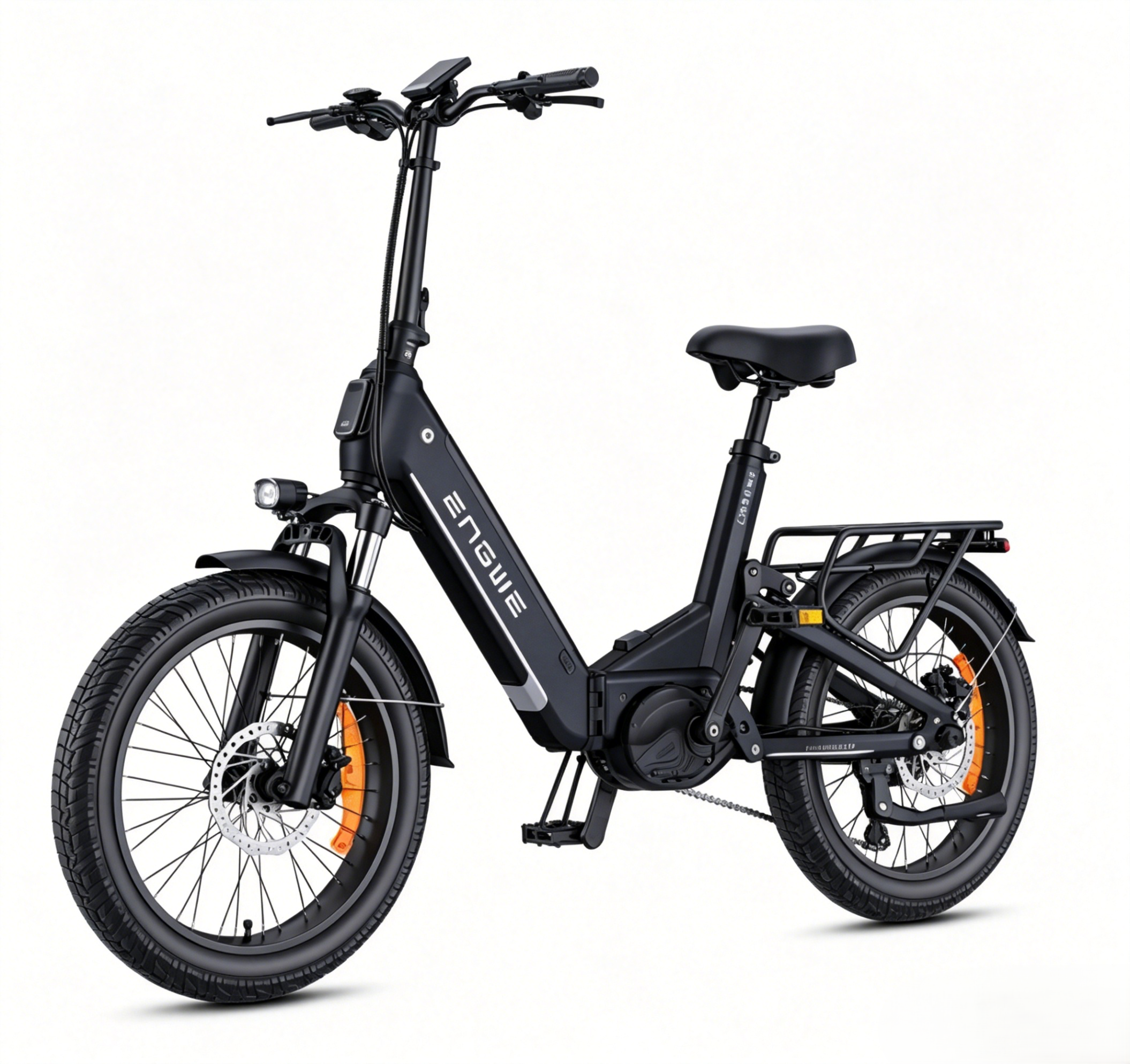 Bicicletta elettrica nera con pneumatici larghi, portapacchi e faro.