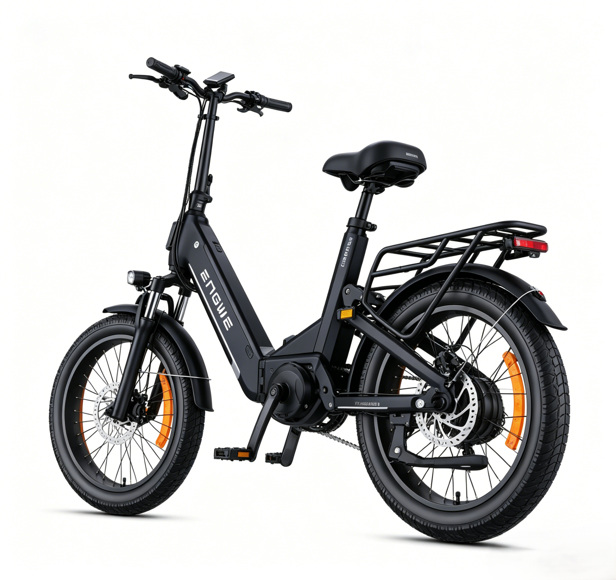 Una bicicletta elettrica nera con telaio pieghevole, freni a disco e portapacchi posteriore.