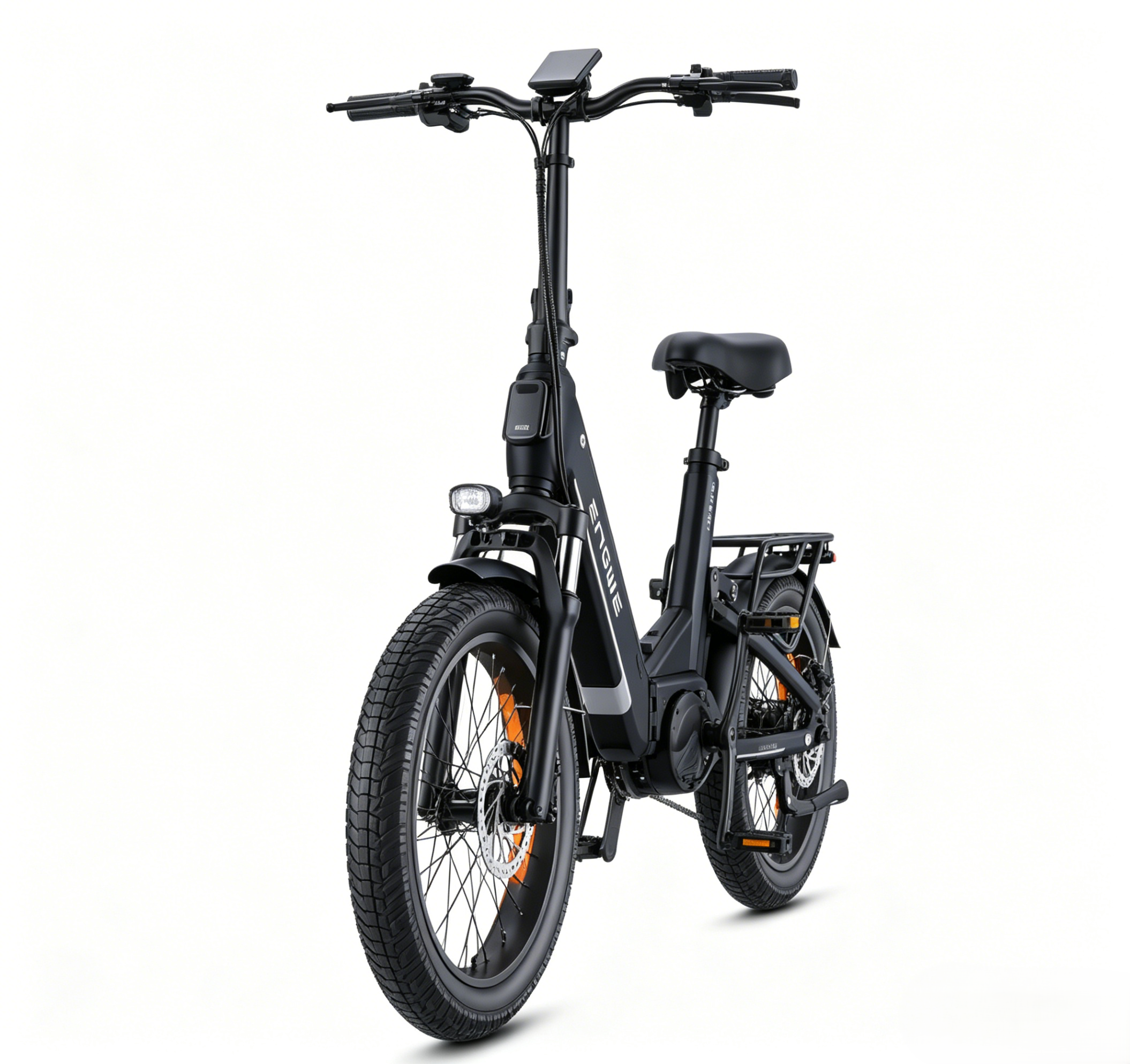 Bici elettrica pieghevole nera con pneumatici larghi e display.