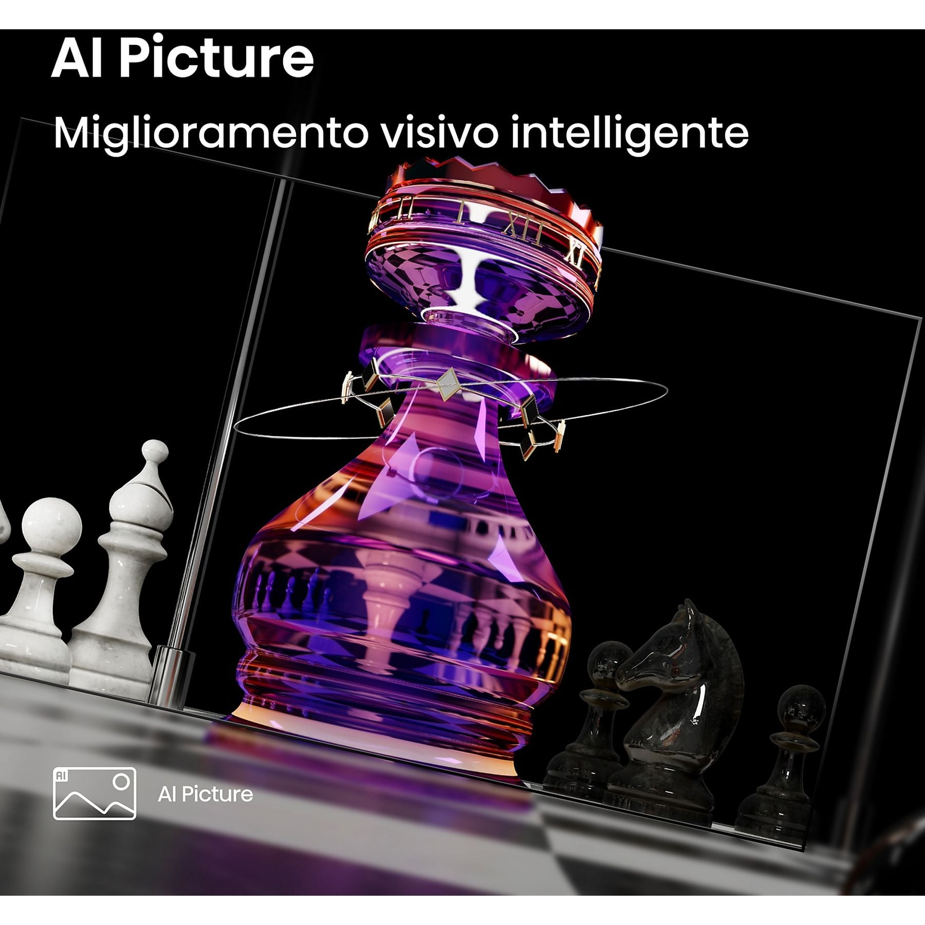 Pedine di scacchi su una scacchiera, con una regina di vetro viola in focus.