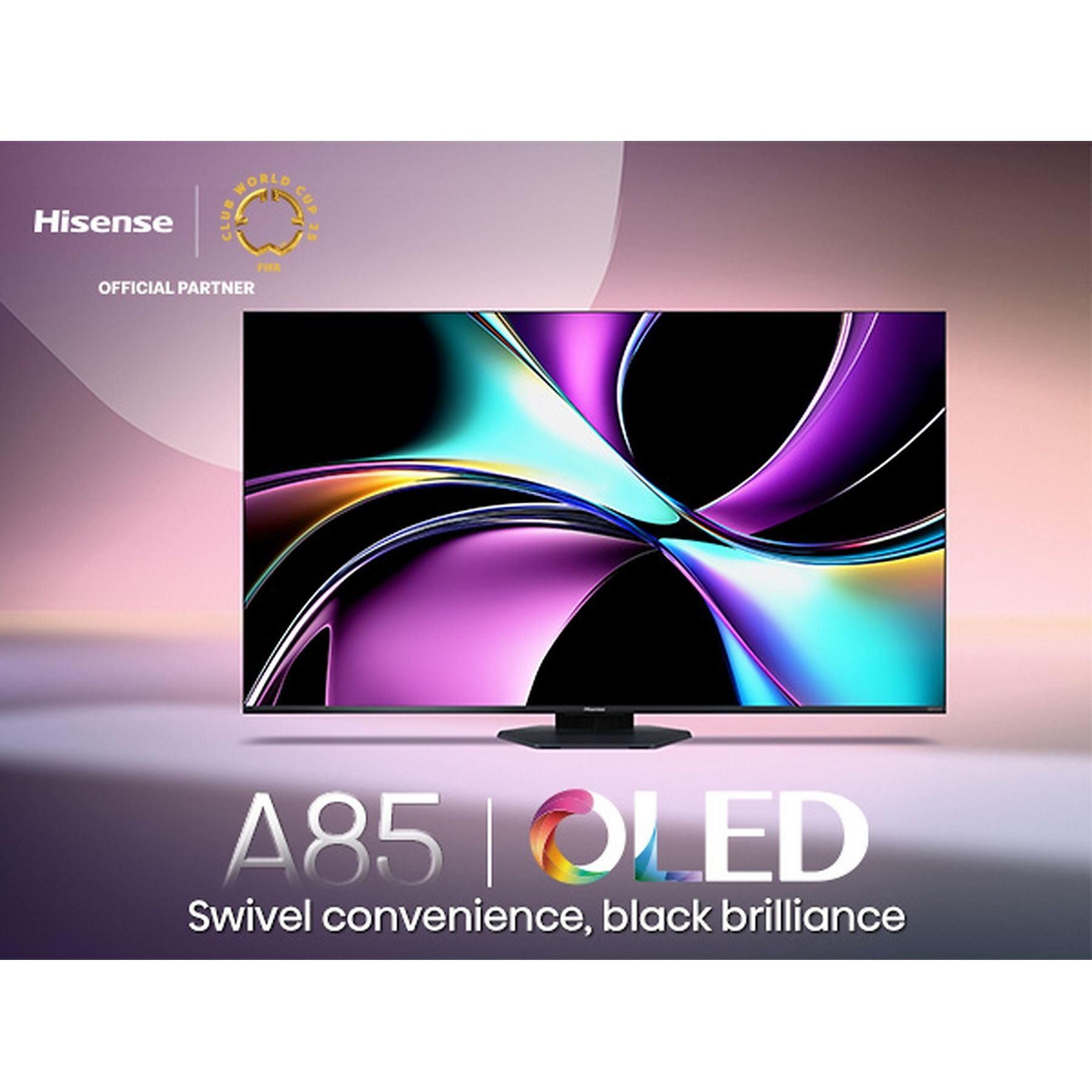 TV Hisense A85 OLED con schermo astratto colorato e logo Coppa del Mondo FIFA.