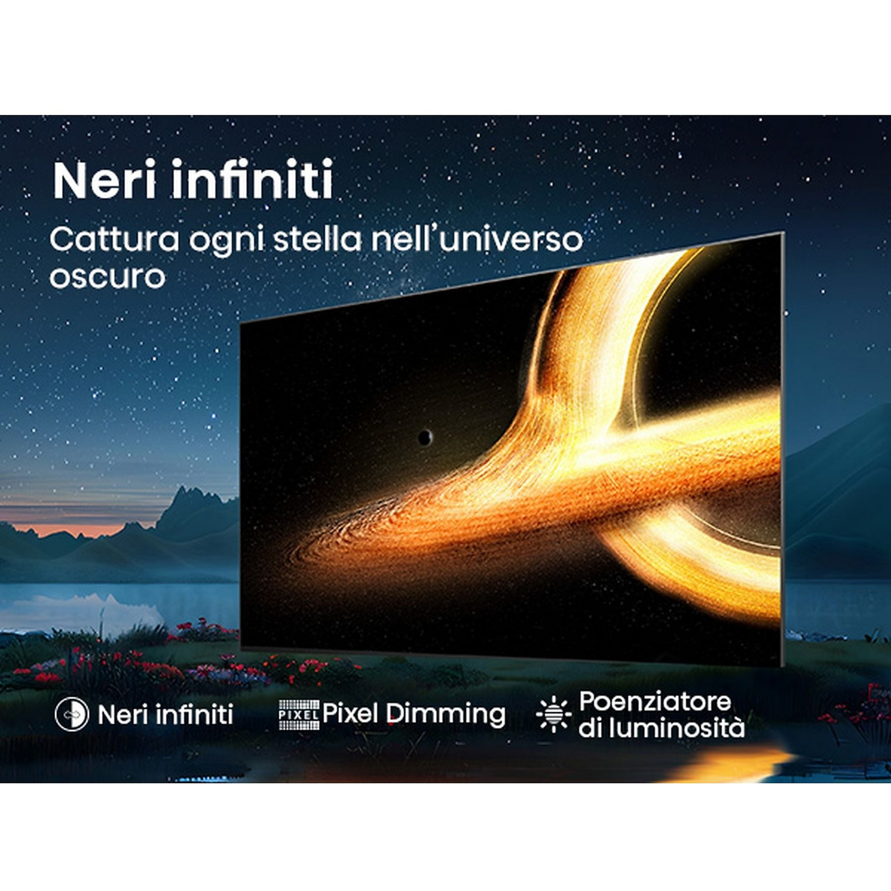 Un buco nero con un anello di accrescimento dorato su un cielo stellato.