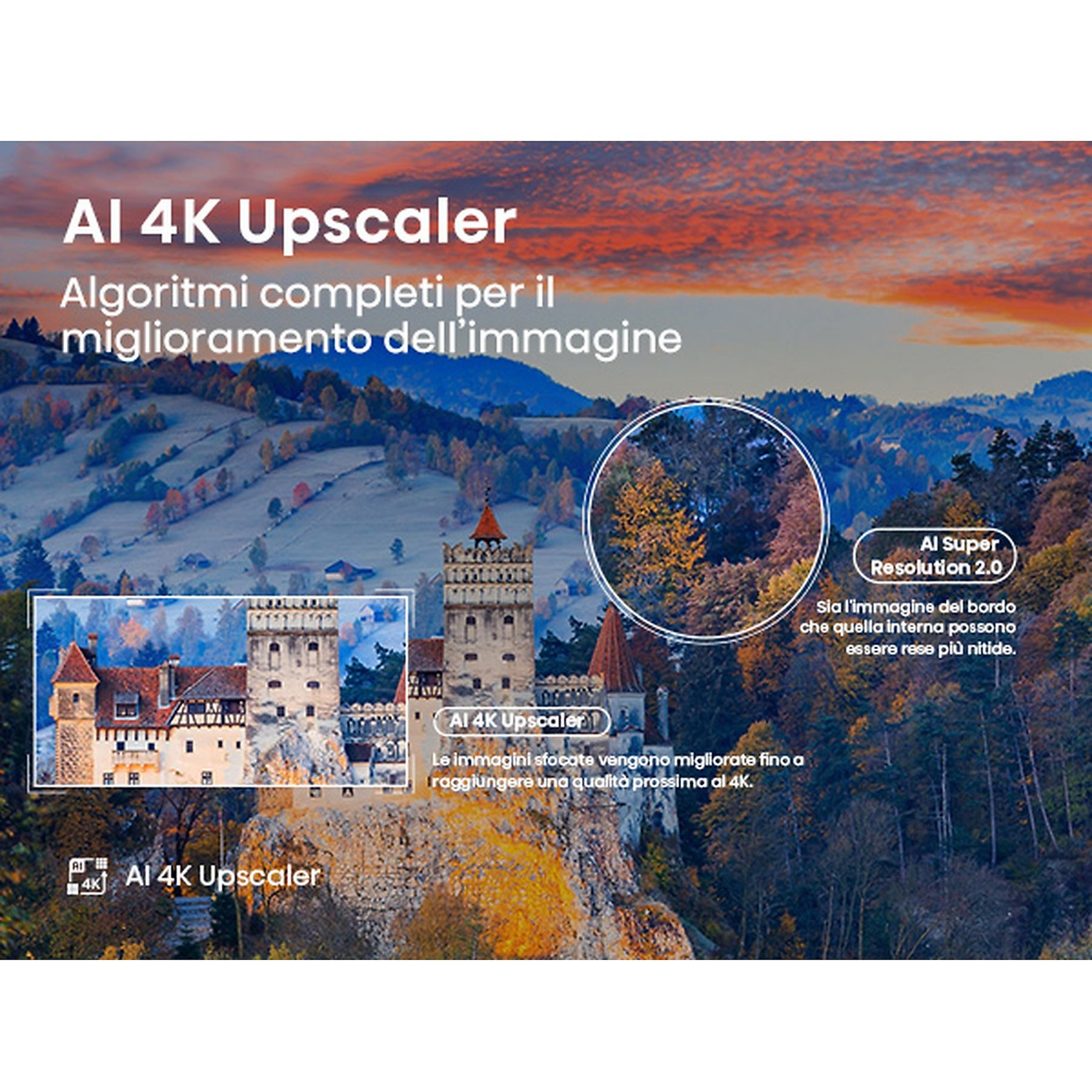 Un castello e un paesaggio montano con testo 'AI 4K Upscaler'.