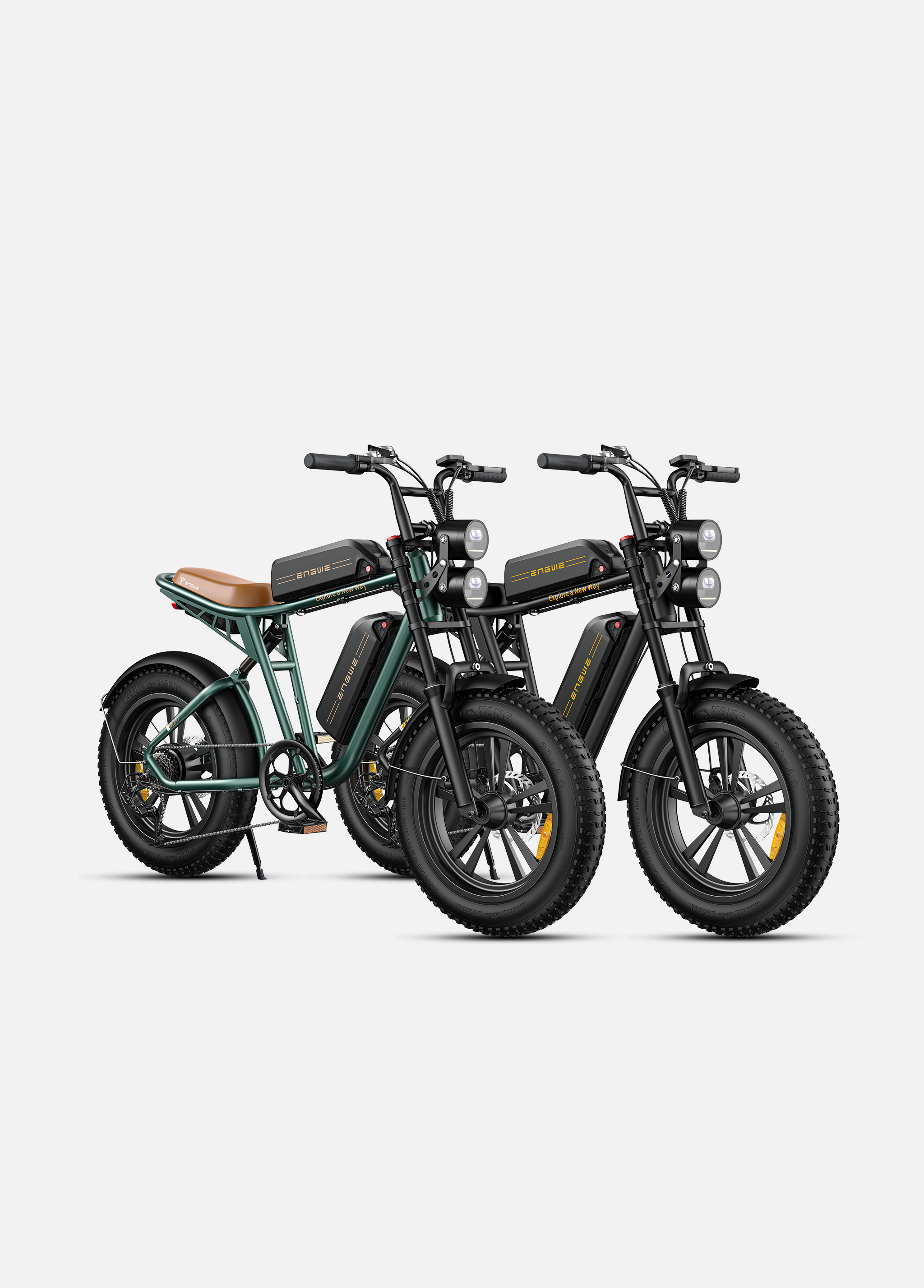 Due e-bike con pneumatici larghi, una verde, una nera, fianco a fianco.