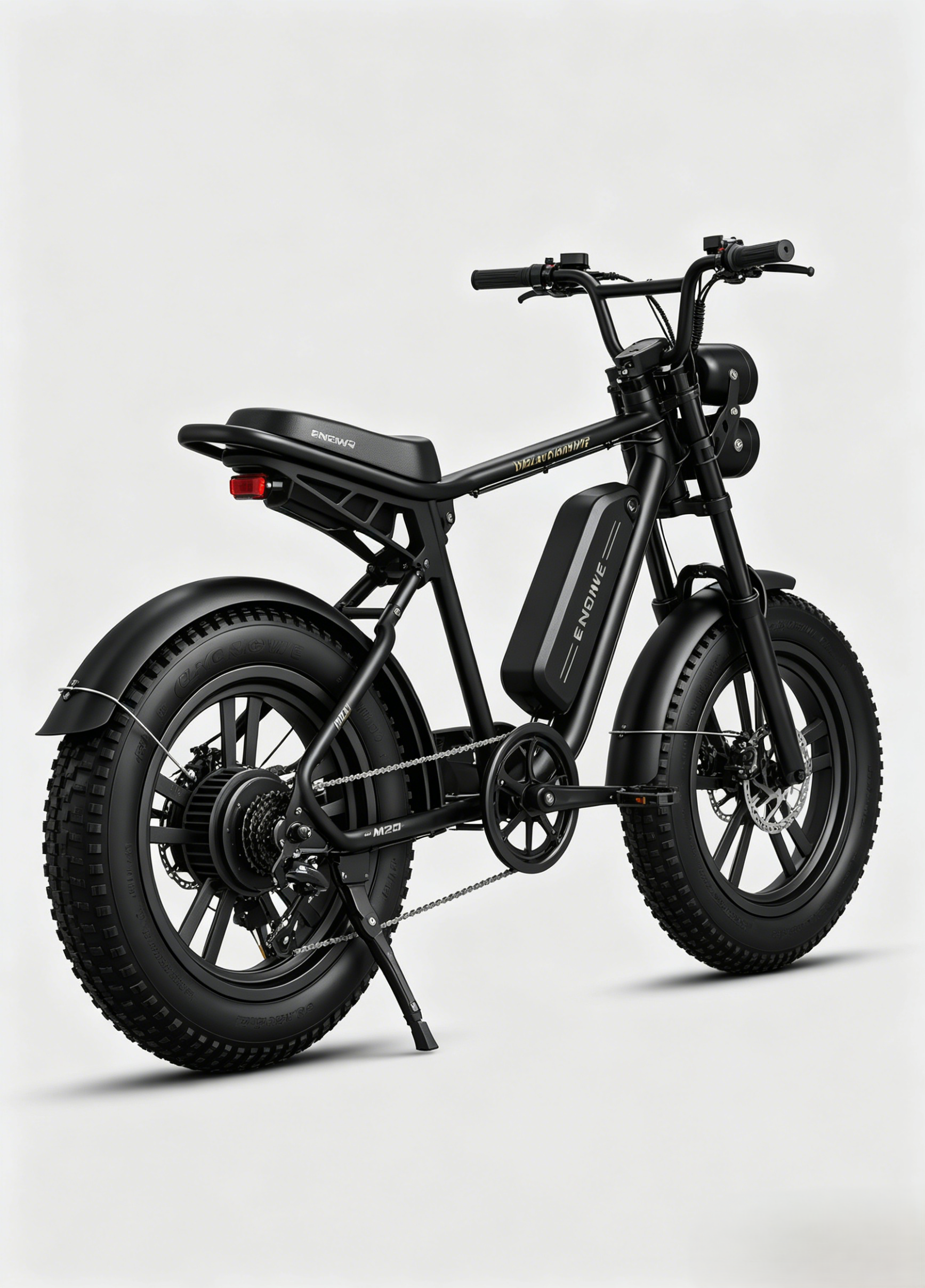 Bicicletta elettrica nera con pneumatici larghi e doppio faro, su sfondo bianco.