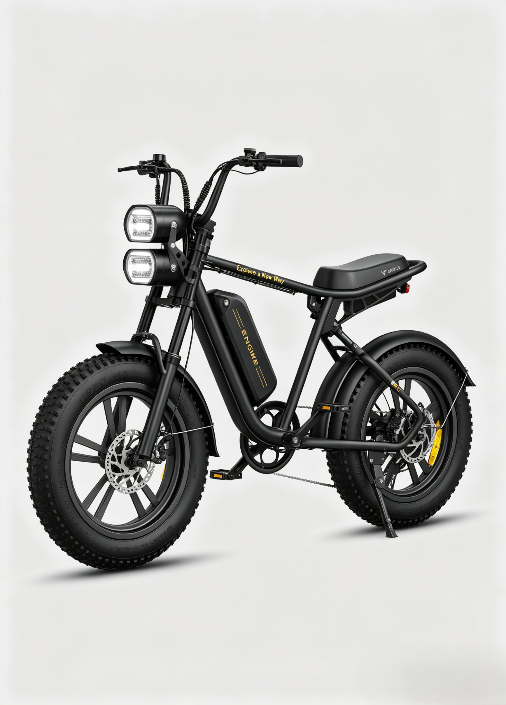 Bicicletta elettrica nera con pneumatici larghi, doppio faro e scritte gialle.