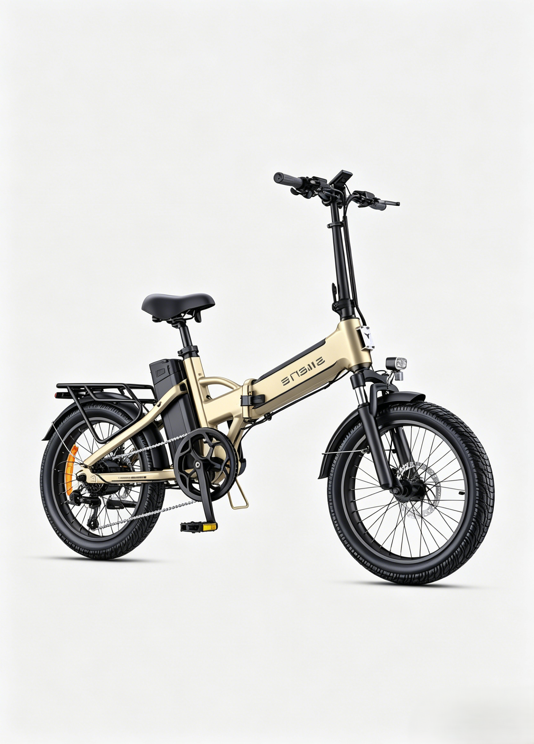 Una bicicleta eléctrica dorada con sillín y portaequipajes negro.