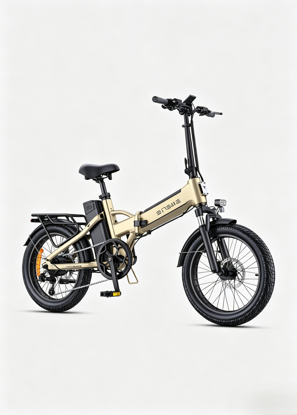 Una bicicleta eléctrica plegable dorada con asiento, portaequipajes y ruedas negras.