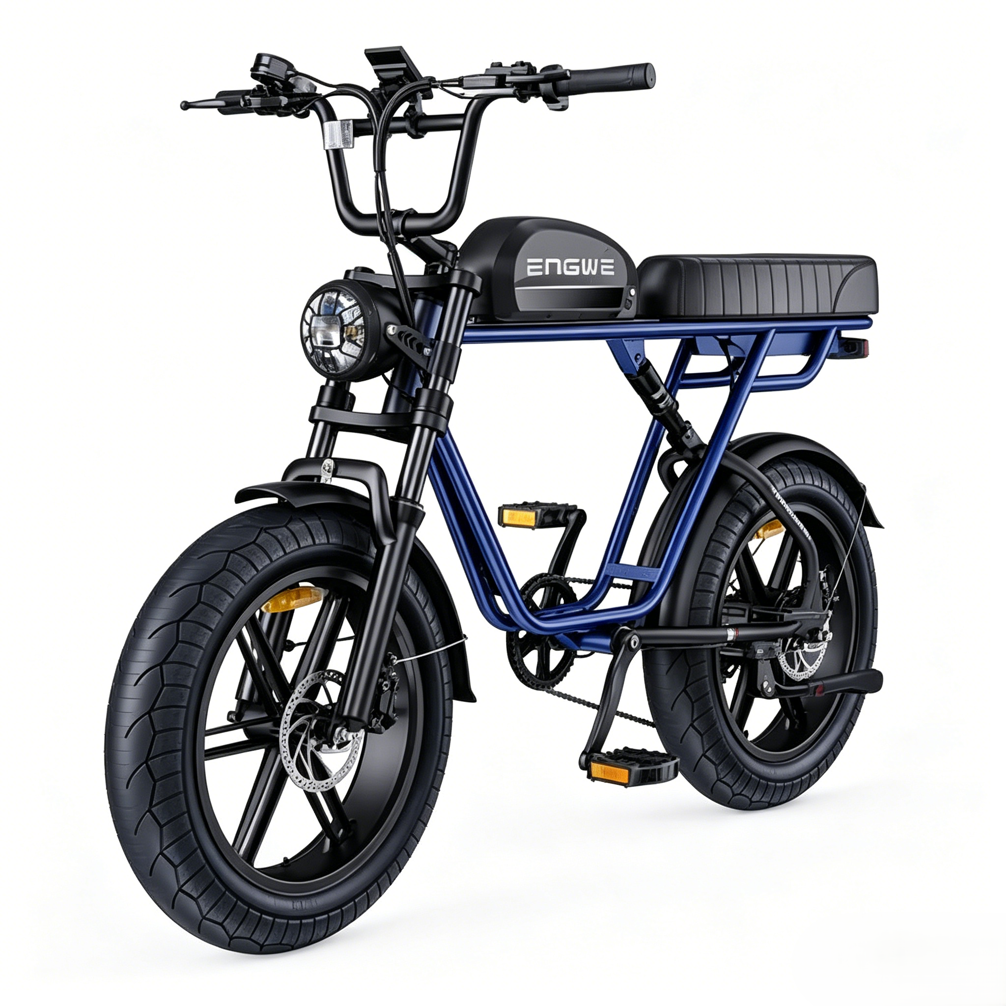 Una bici elettrica ENGWE blu con pneumatici, sella e manubrio neri, su sfondo bianco.