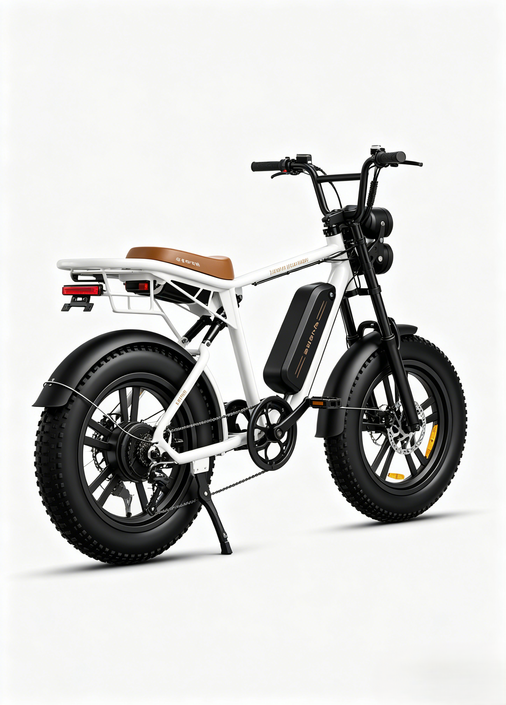 Una e-bike bianca con pneumatici larghi, sella marrone e pacco batteria nero.