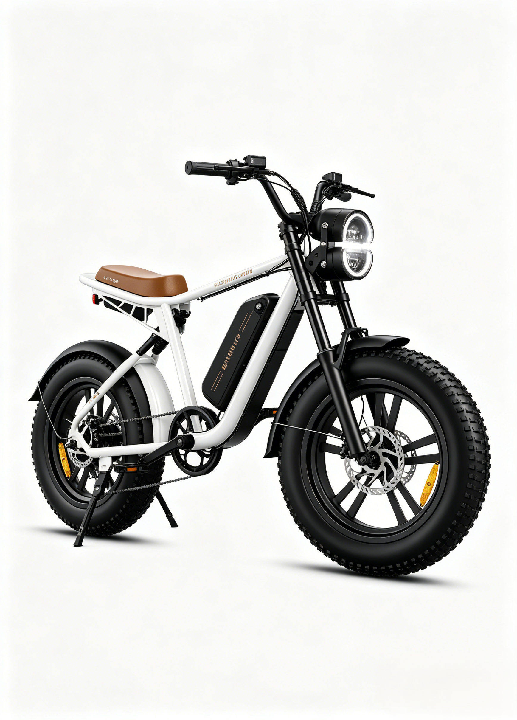 Una bici elettrica bianca con sella marrone, pneumatici larghi e doppio faro.