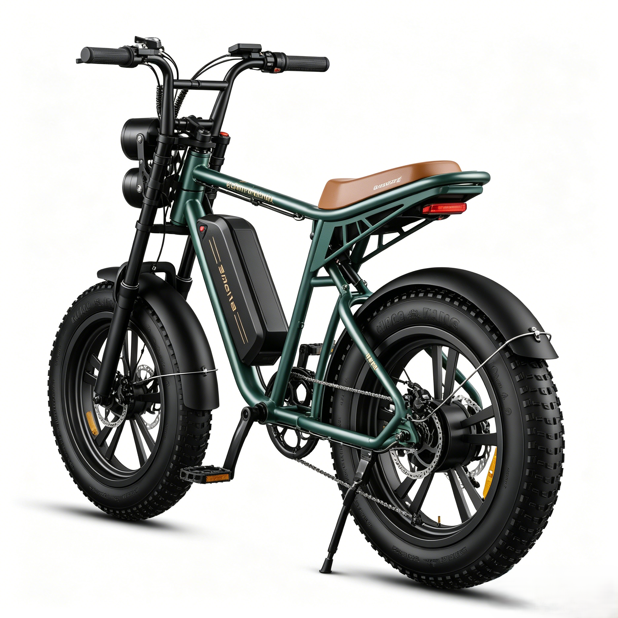 Una bici elettrica verde scuro con sella marrone e pneumatici larghi.