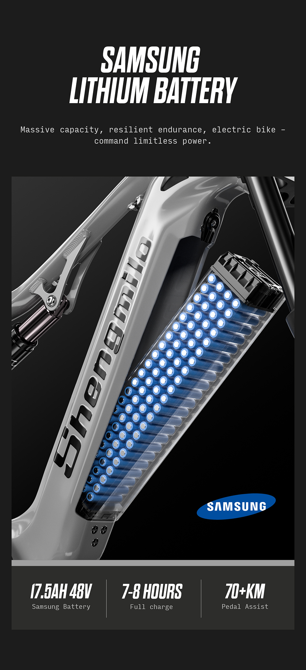 Batteria al litio Samsung per e-bike: 17.5Ah, 48V, carica 7-8h, 70+ km.