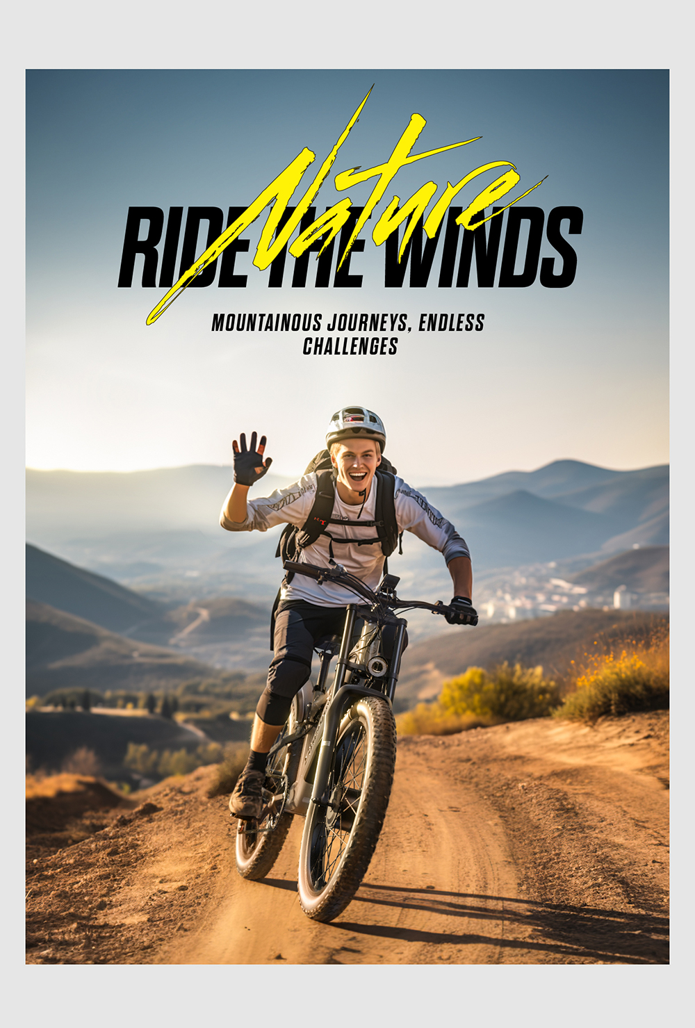 Un uomo va in mountain bike su un sentiero sterrato con montagne sullo sfondo.